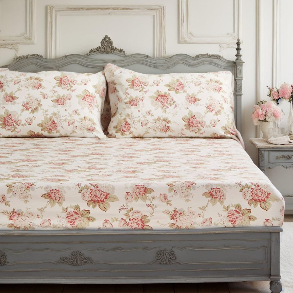 Bedding Hint of Mint Dainty Cottage Floral Roses Cotton Fitted Sheet w/ Pillow Case (3036)