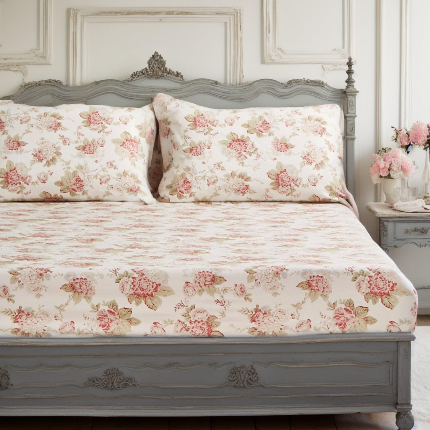 Bedding Hint of Mint Dainty Cottage Floral Roses Cotton Fitted Sheet w/ Pillow Case (3036)