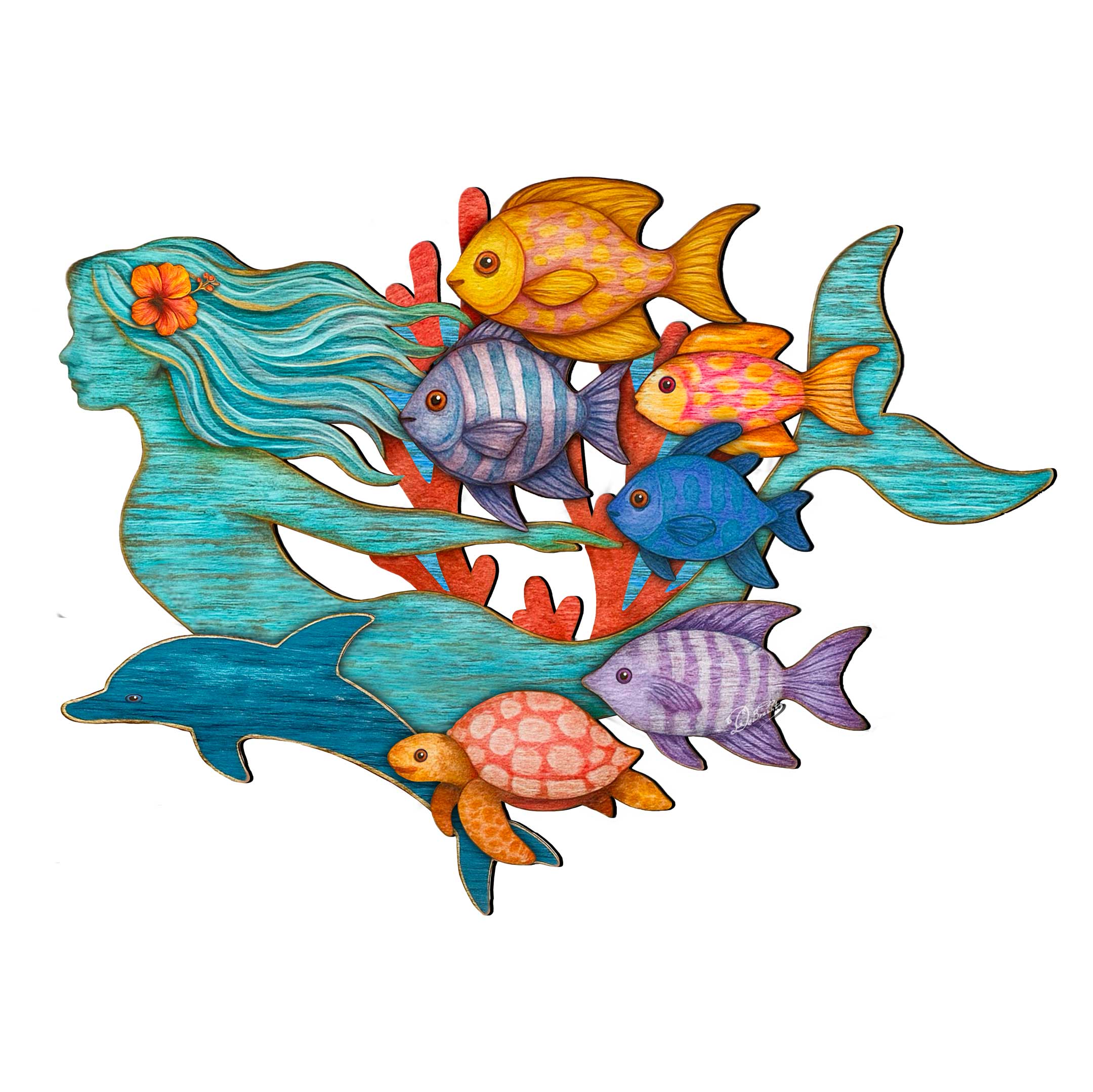 Tropical Mermaid Coastal Door Hanger - Handcrafted Underwater Friends Coastal Wall Art by G. DeBrekht - Coastal Holiday - 81985144H