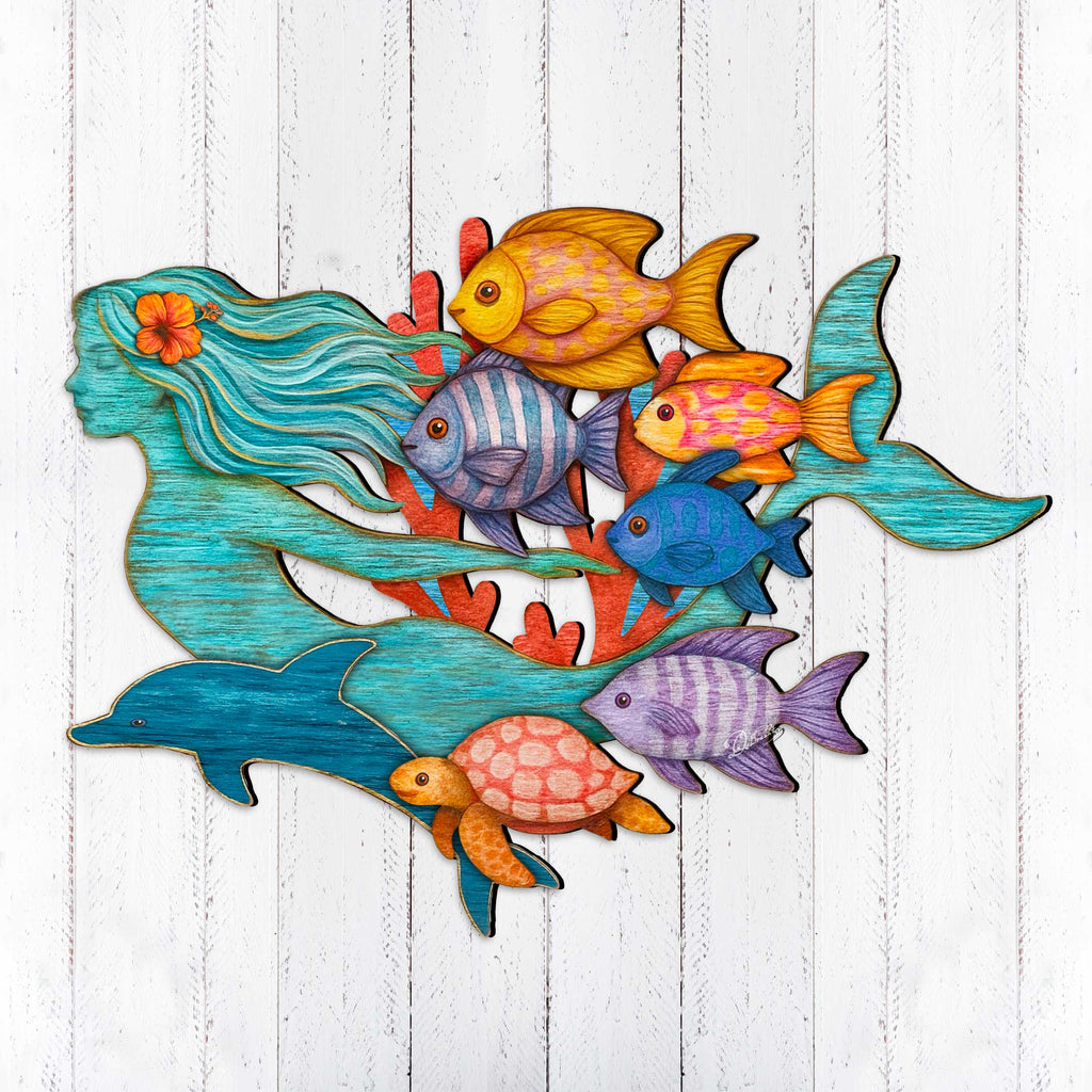 Tropical Mermaid Coastal Door Hanger - Handcrafted Underwater Friends Coastal Wall Art by G. DeBrekht - Coastal Holiday - 81985144H