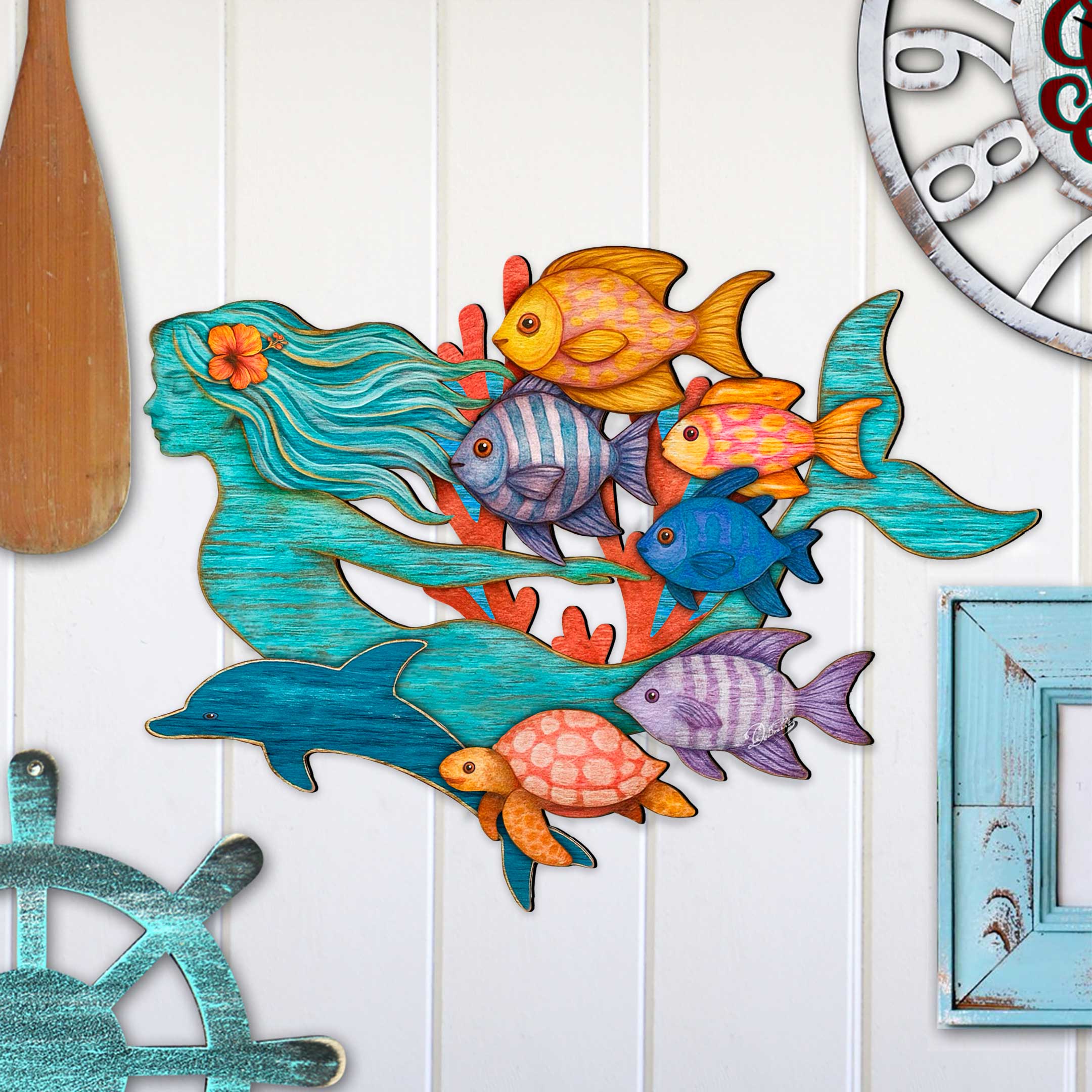 Tropical Mermaid Coastal Door Hanger - Handcrafted Underwater Friends Coastal Wall Art by G. DeBrekht - Coastal Holiday - 81985144H