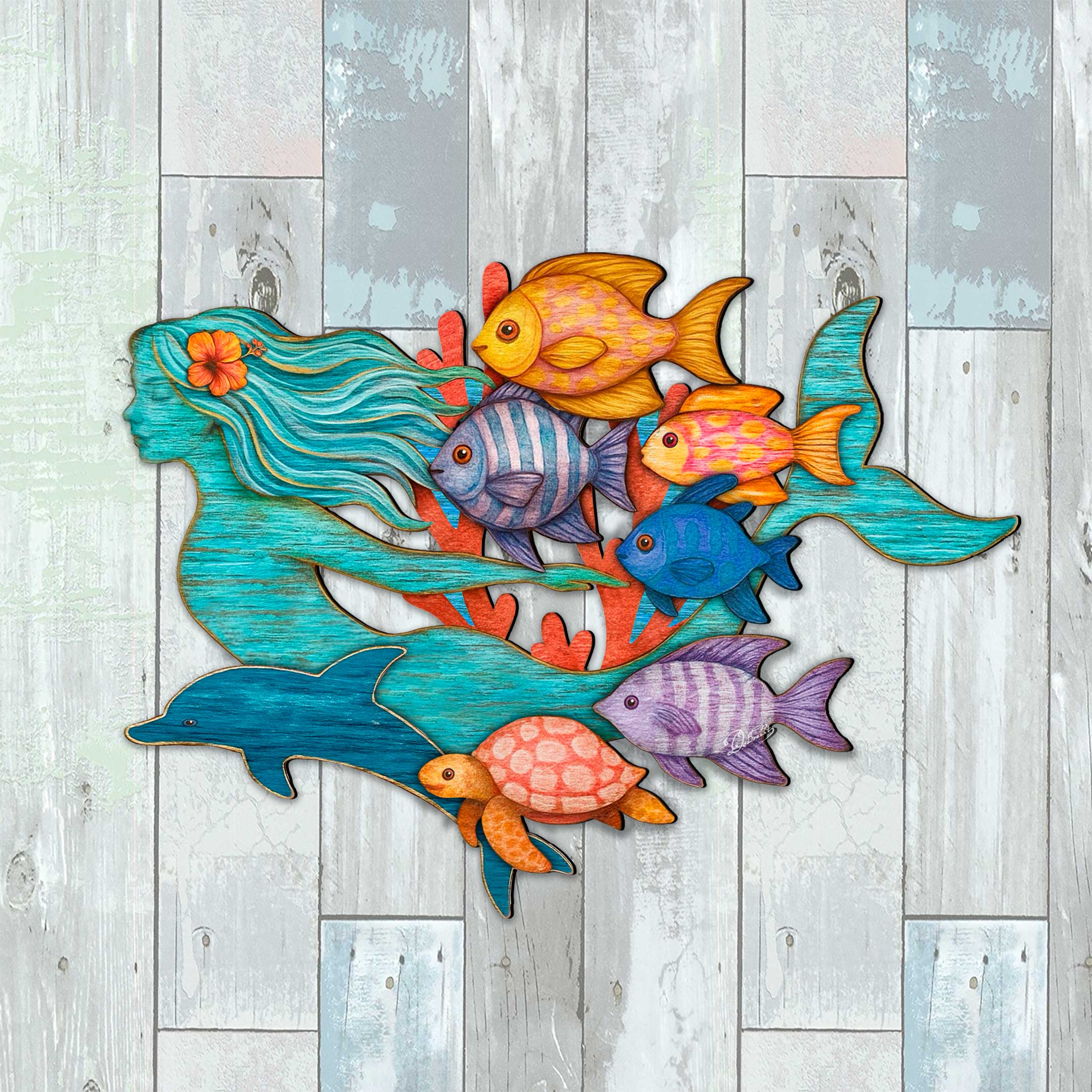 Tropical Mermaid Coastal Door Hanger - Handcrafted Underwater Friends Coastal Wall Art by G. DeBrekht - Coastal Holiday - 81985144H