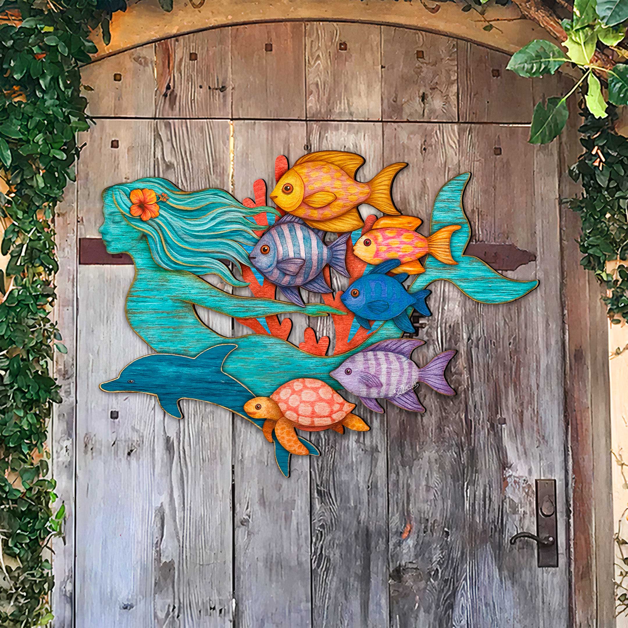 Tropical Mermaid Coastal Door Hanger - Handcrafted Underwater Friends Coastal Wall Art by G. DeBrekht - Coastal Holiday - 81985144H