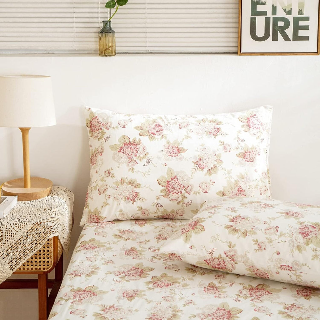Bedding Hint of Mint Dainty Cottage Floral Roses Cotton Fitted Sheet w/ Pillow Case (3036)