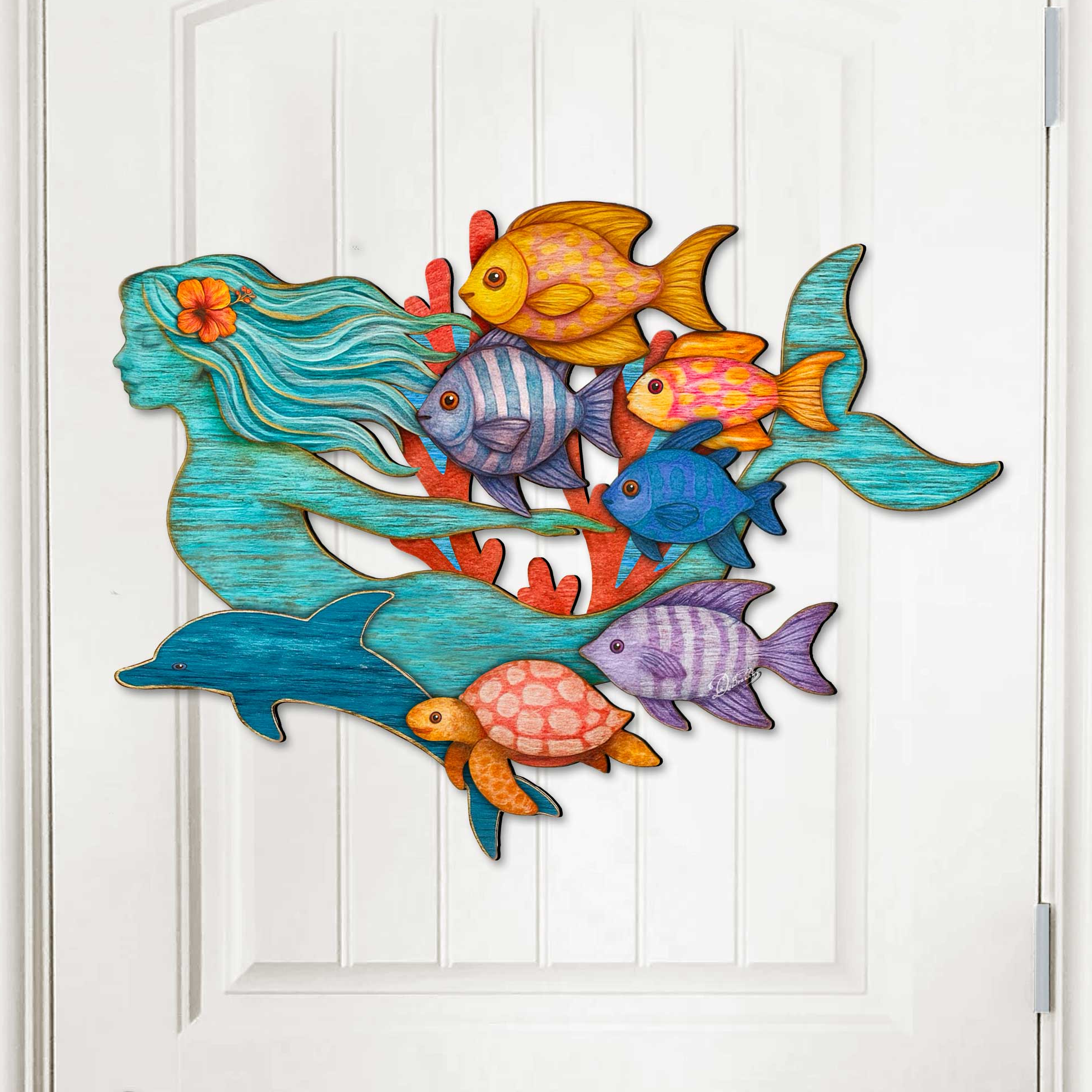 Tropical Mermaid Coastal Door Hanger - Handcrafted Underwater Friends Coastal Wall Art by G. DeBrekht - Coastal Holiday - 81985144H