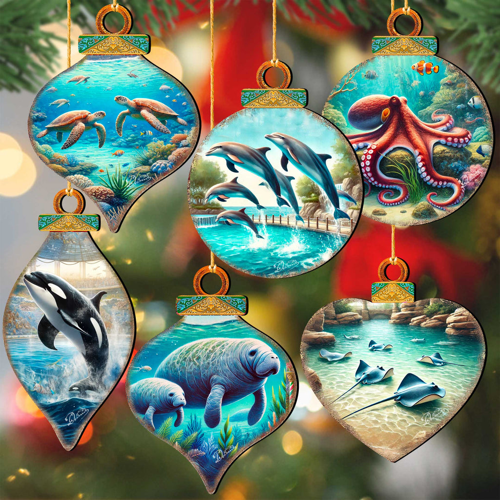 Ocean & Marine Life Eco Wood Christmas Ornaments Set of 12