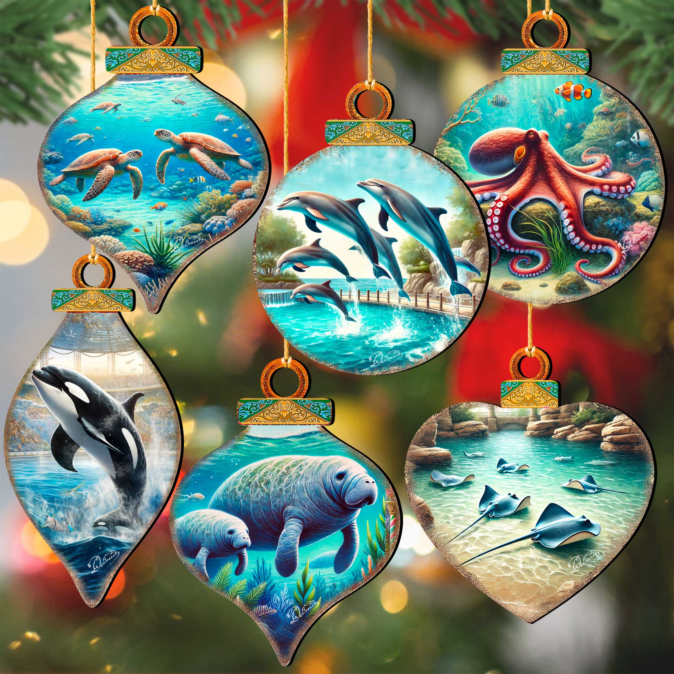 Ocean & Marine Life Eco Wood Christmas Ornaments Set of 12