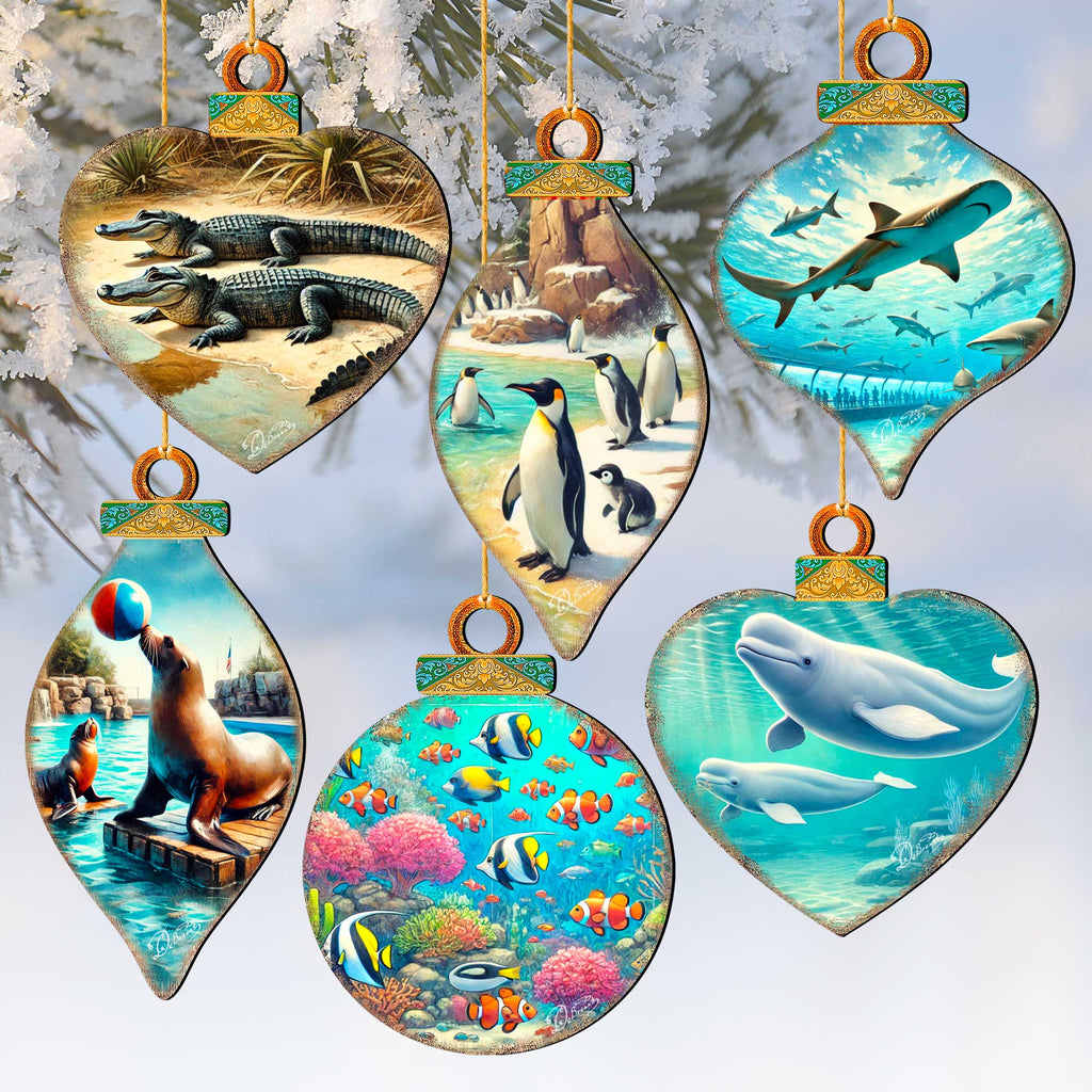 Ocean & Marine Life Eco Wood Christmas Ornaments Set of 12
