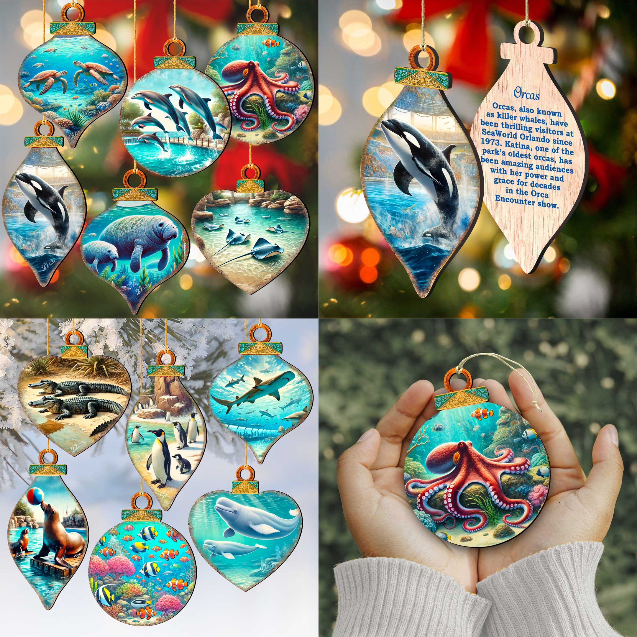 Ocean & Marine Life Eco Wood Christmas Ornaments Set of 12