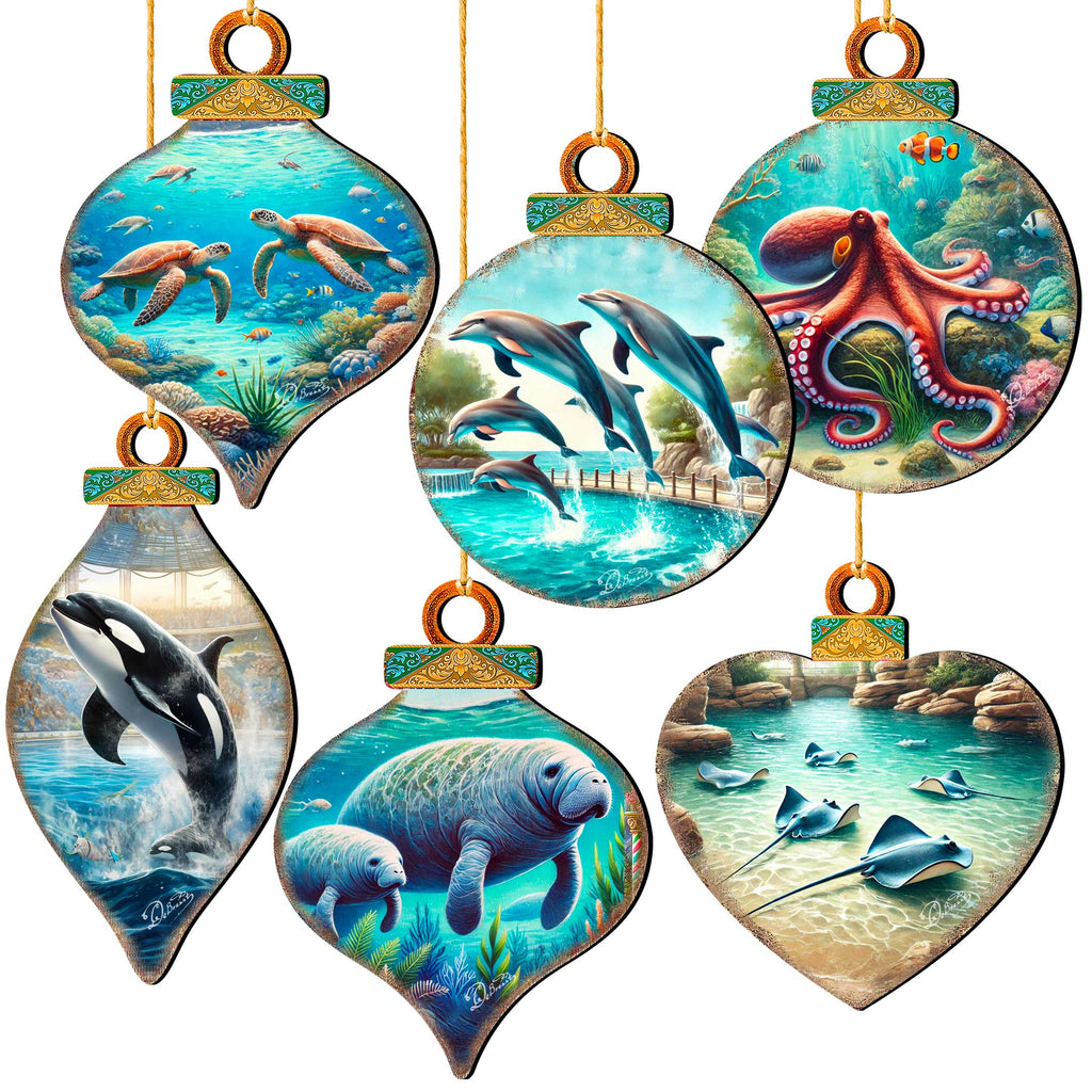 Ocean & Marine Life Eco Wood Christmas Ornaments Set of 12