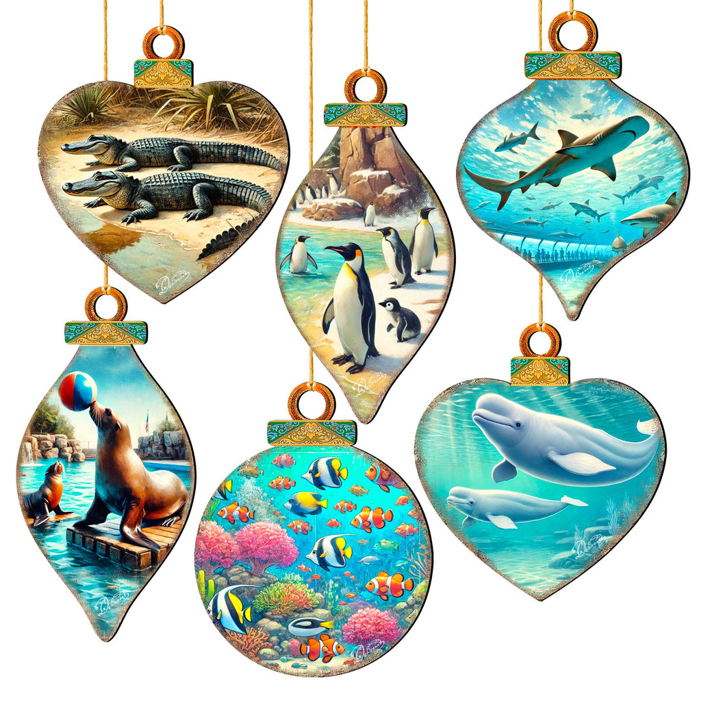 Ocean & Marine Life Eco Wood Christmas Ornaments Set of 12