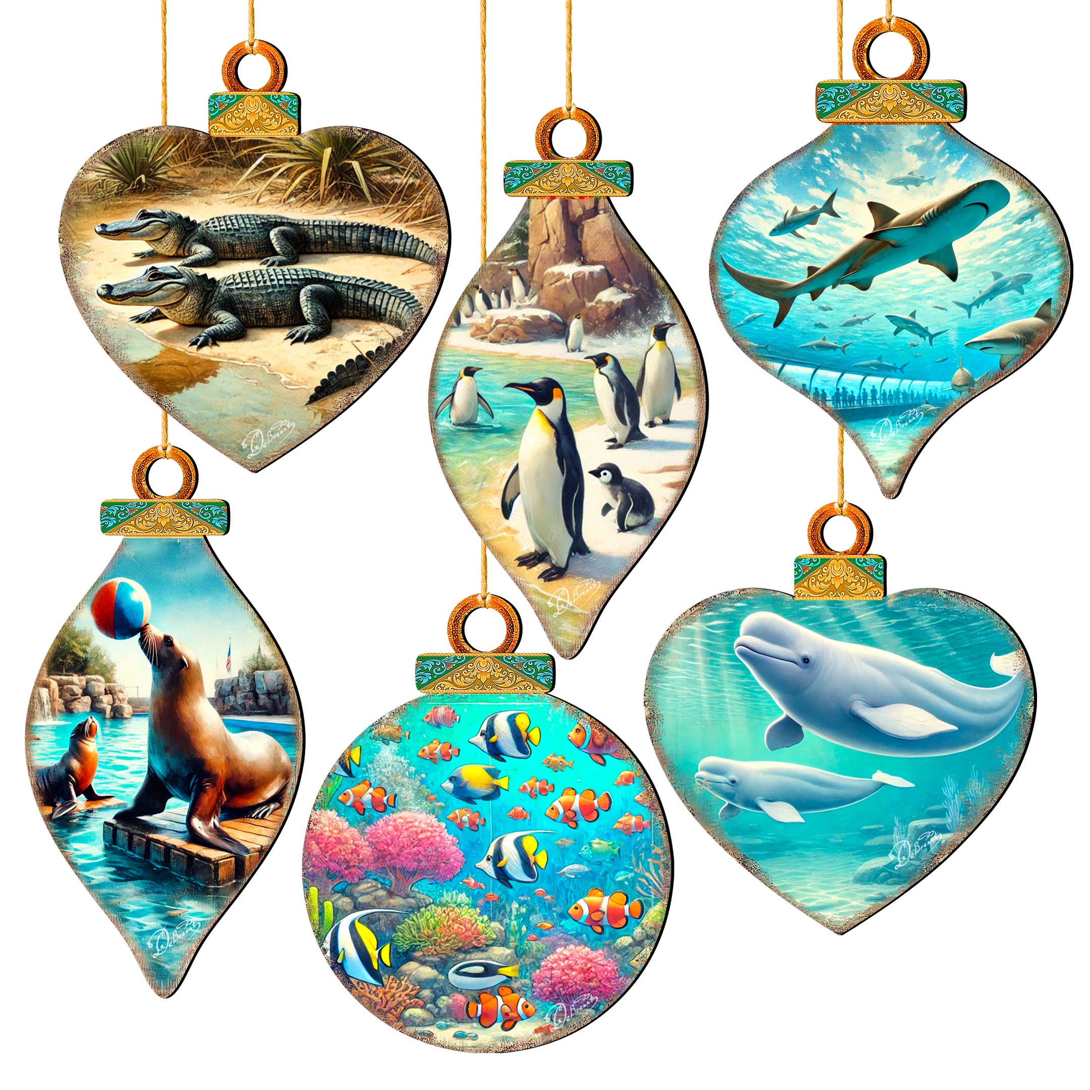 Ocean & Marine Life Eco Wood Christmas Ornaments Set of 12