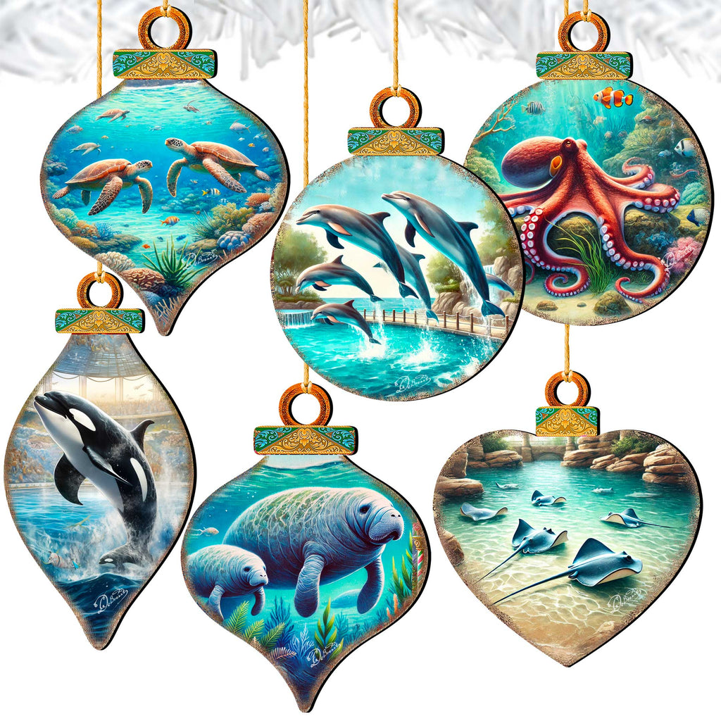 Ocean & Marine Life Eco Wood Christmas Ornaments Set of 12