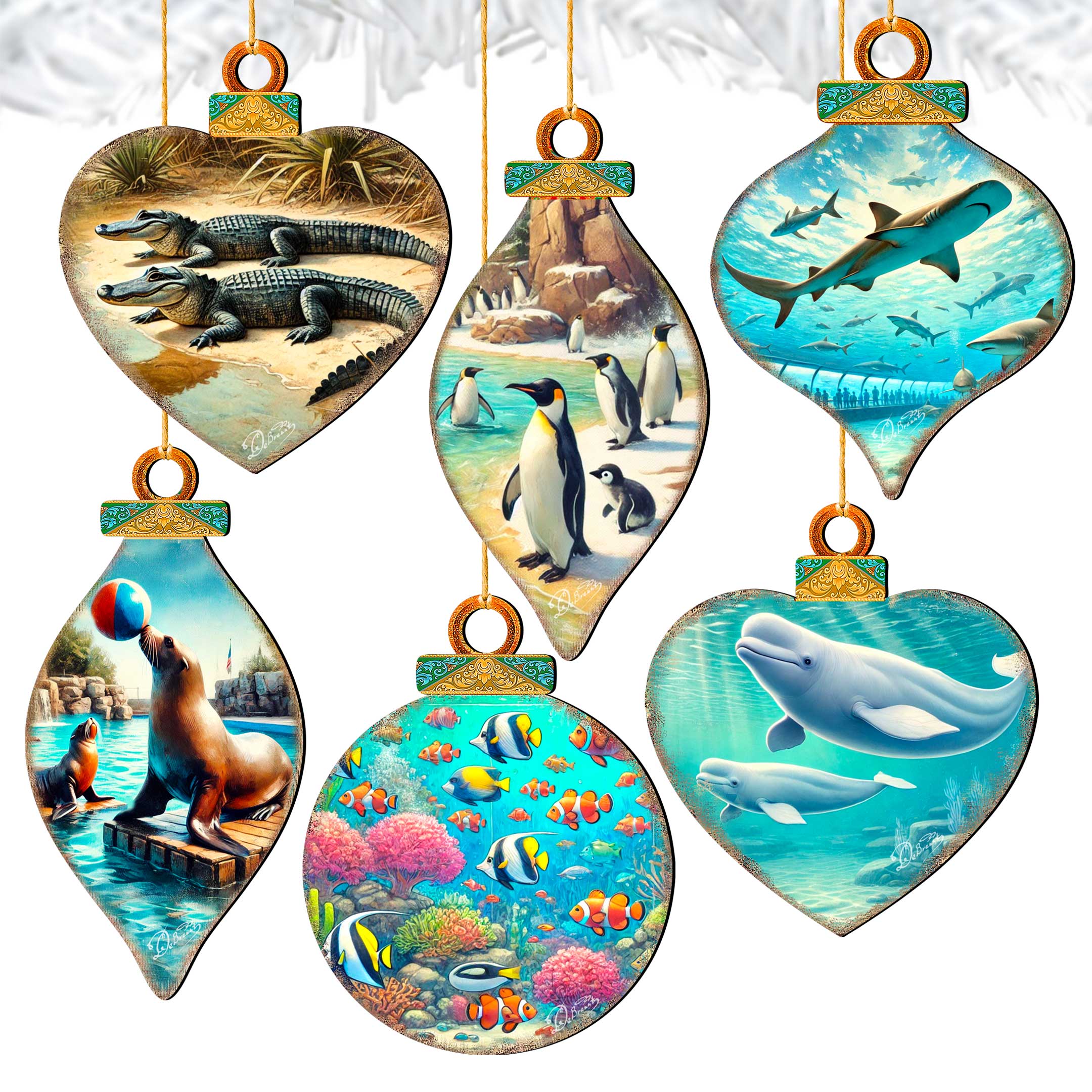 Ocean & Marine Life Eco Wood Christmas Ornaments Set of 12