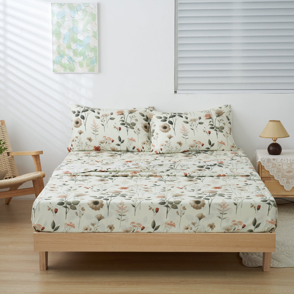 Enchanted Meadow Bed Sheet Set - Floral Harmony in Beige, Rose, and Soft Green,  Machine Washable, Deep Pocket 14 - 15 Inches + Flat Sheet