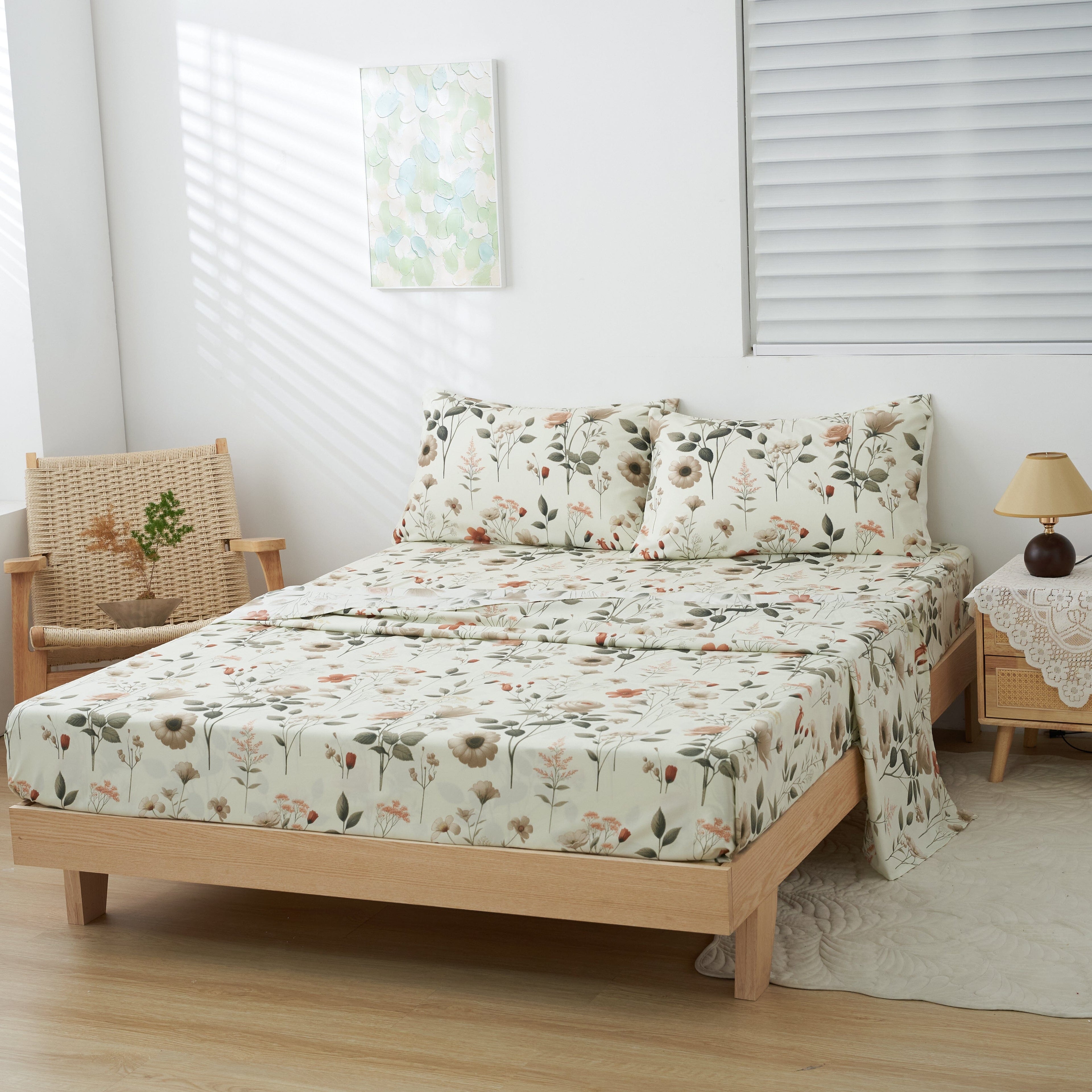 Enchanted Meadow Bed Sheet Set - Floral Harmony in Beige, Rose, and Soft Green,  Machine Washable, Deep Pocket 14 - 15 Inches + Flat Sheet