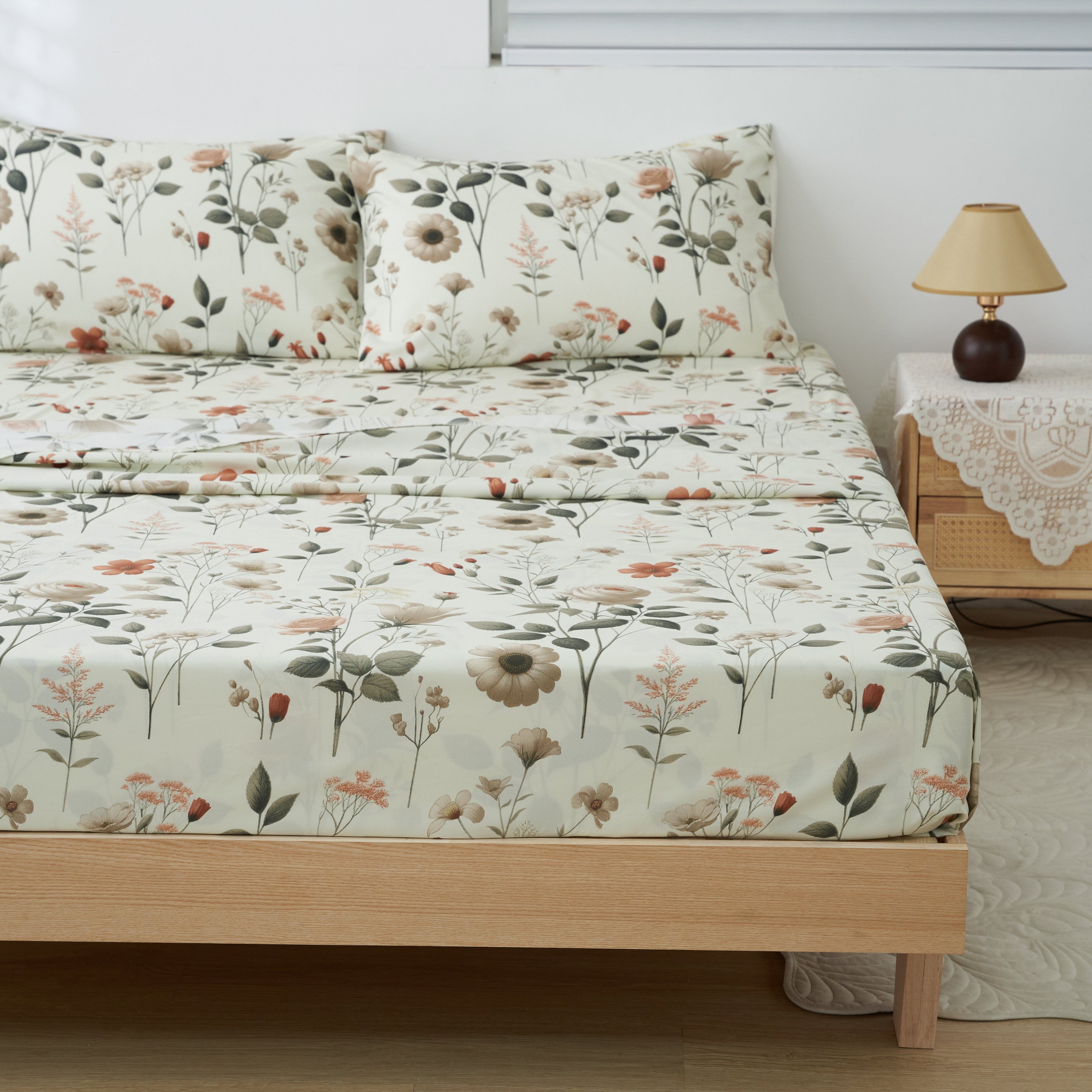 Enchanted Meadow Bed Sheet Set - Floral Harmony in Beige, Rose, and Soft Green,  Machine Washable, Deep Pocket 14 - 15 Inches + Flat Sheet