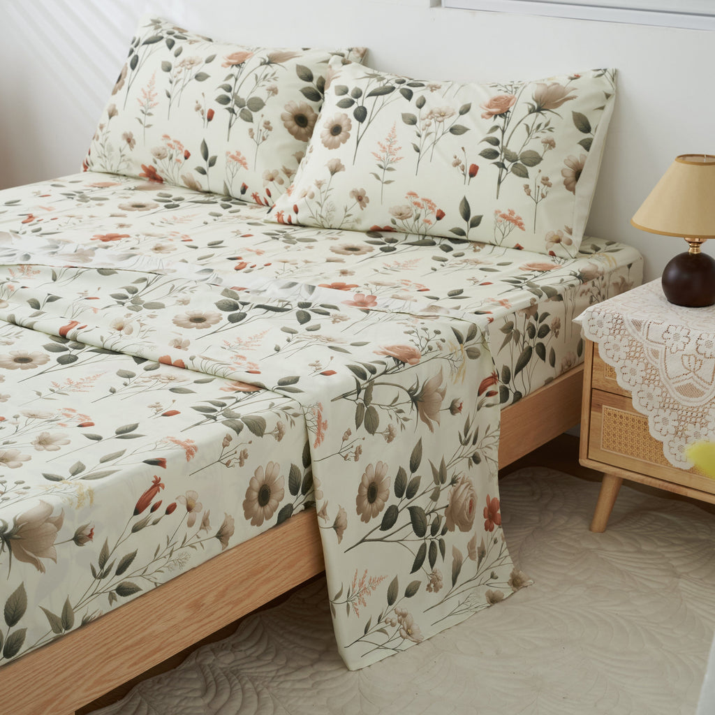 Enchanted Meadow Bed Sheet Set - Floral Harmony in Beige, Rose, and Soft Green,  Machine Washable, Deep Pocket 14 - 15 Inches + Flat Sheet