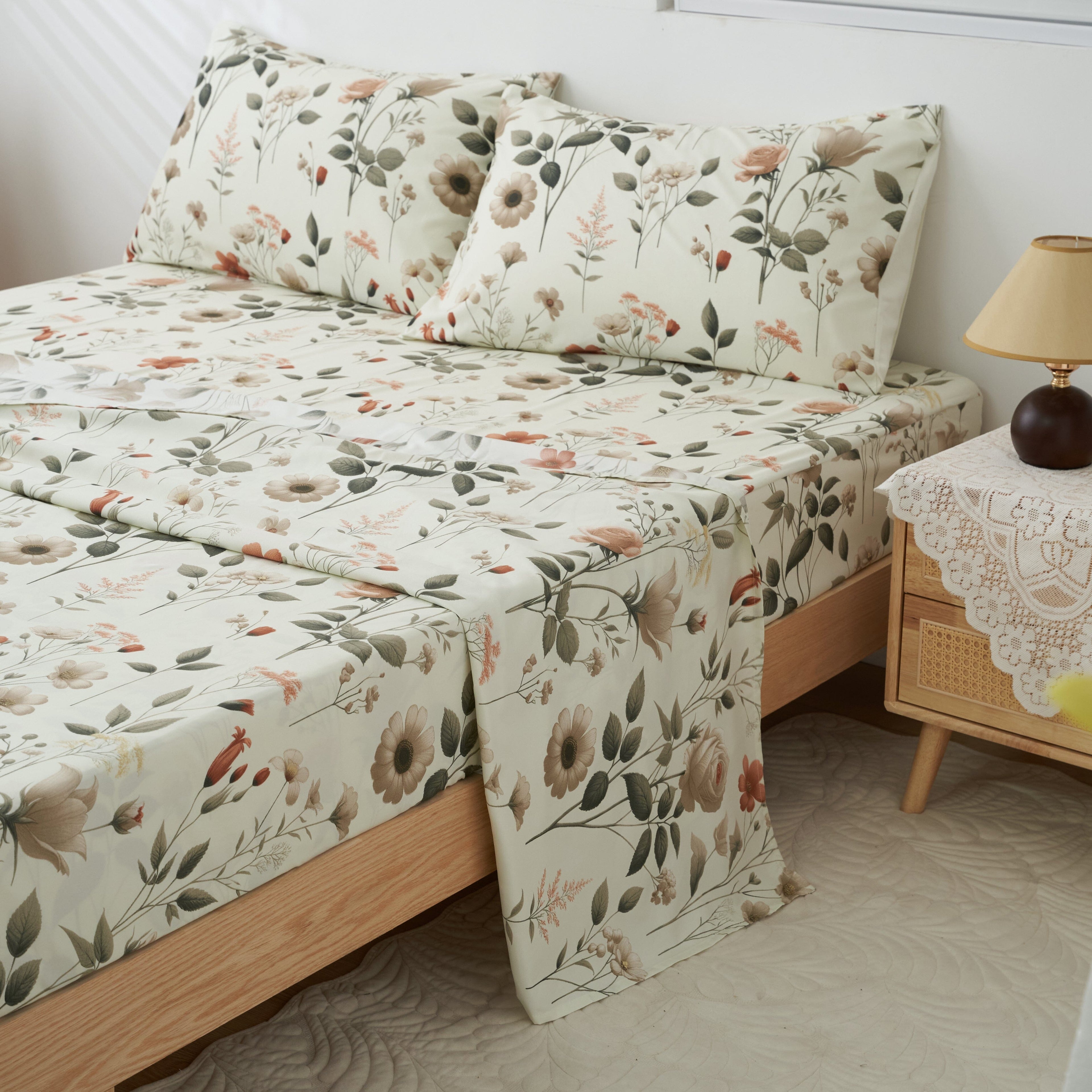 Enchanted Meadow Bed Sheet Set - Floral Harmony in Beige, Rose, and Soft Green,  Machine Washable, Deep Pocket 14 - 15 Inches + Flat Sheet