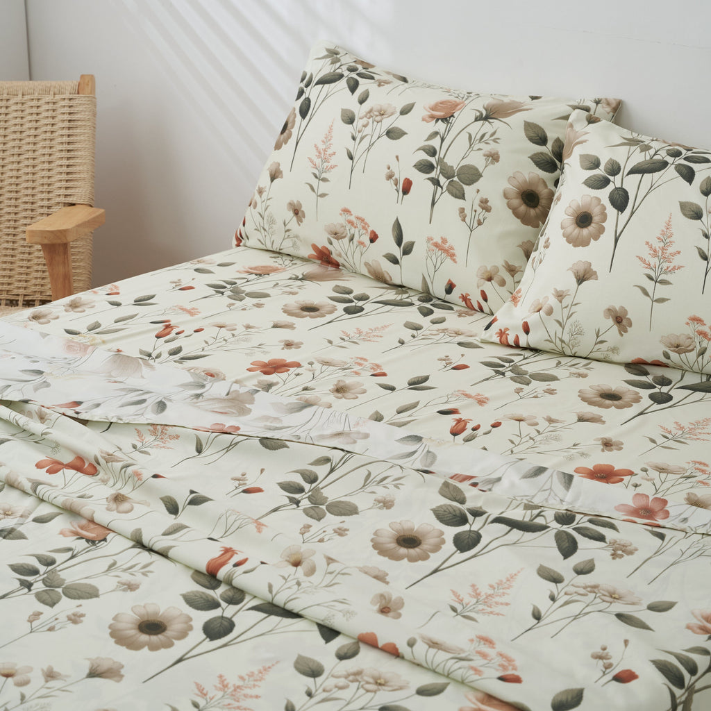 Enchanted Meadow Bed Sheet Set - Floral Harmony in Beige, Rose, and Soft Green,  Machine Washable, Deep Pocket 14 - 15 Inches + Flat Sheet