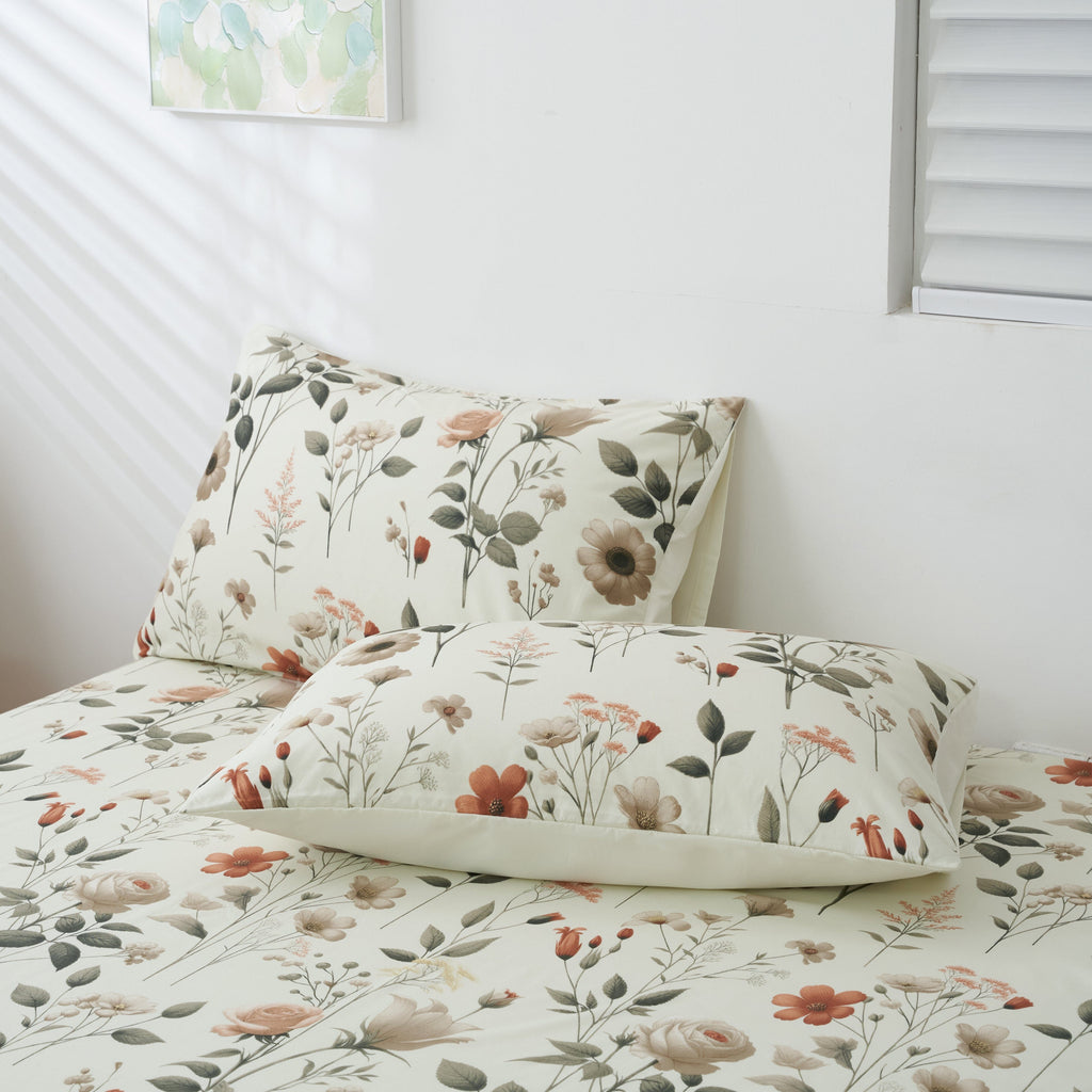 Enchanted Meadow Bed Sheet Set - Floral Harmony in Beige, Rose, and Soft Green,  Machine Washable, Deep Pocket 14 - 15 Inches + Flat Sheet