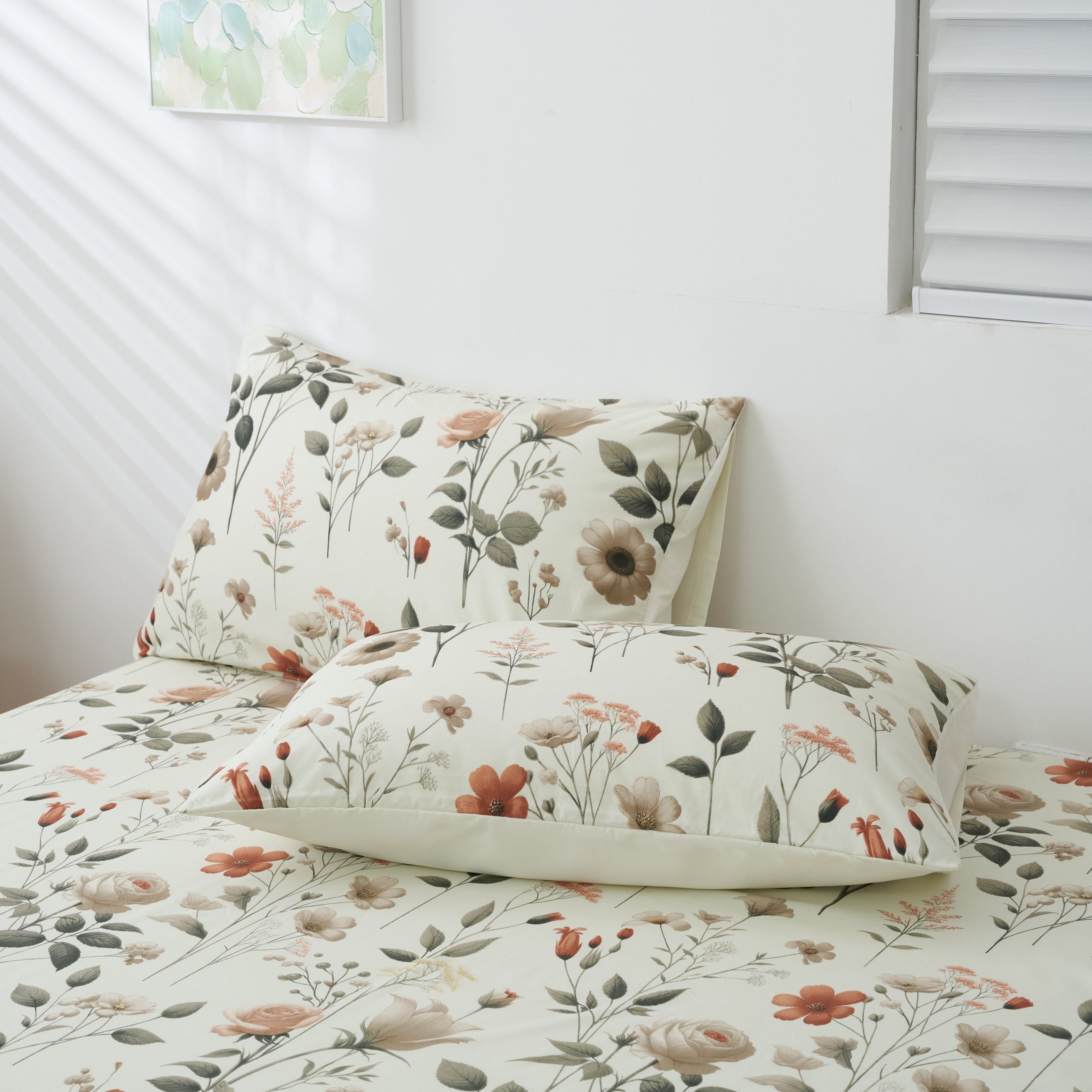 Enchanted Meadow Bed Sheet Set - Floral Harmony in Beige, Rose, and Soft Green,  Machine Washable, Deep Pocket 14 - 15 Inches + Flat Sheet