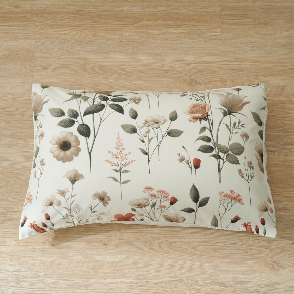 Enchanted Meadow Bed Sheet Set - Floral Harmony in Beige, Rose, and Soft Green,  Machine Washable, Deep Pocket 14 - 15 Inches + Flat Sheet