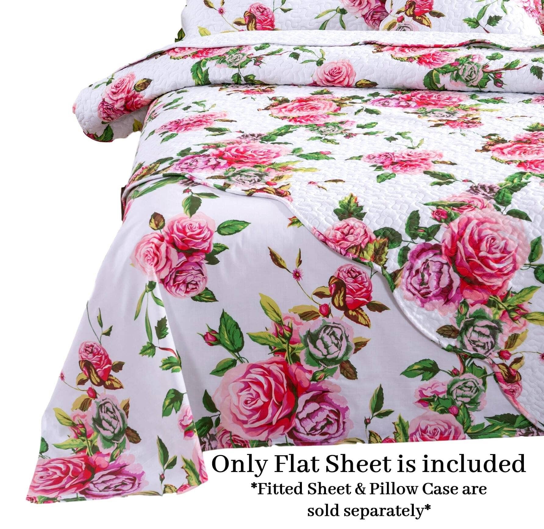 Bedding Romantic Roses Lovely Spring Pink Floral Garden Fitted & Flat Bed Sheet Set w/ Pillow Cases (JHW879)