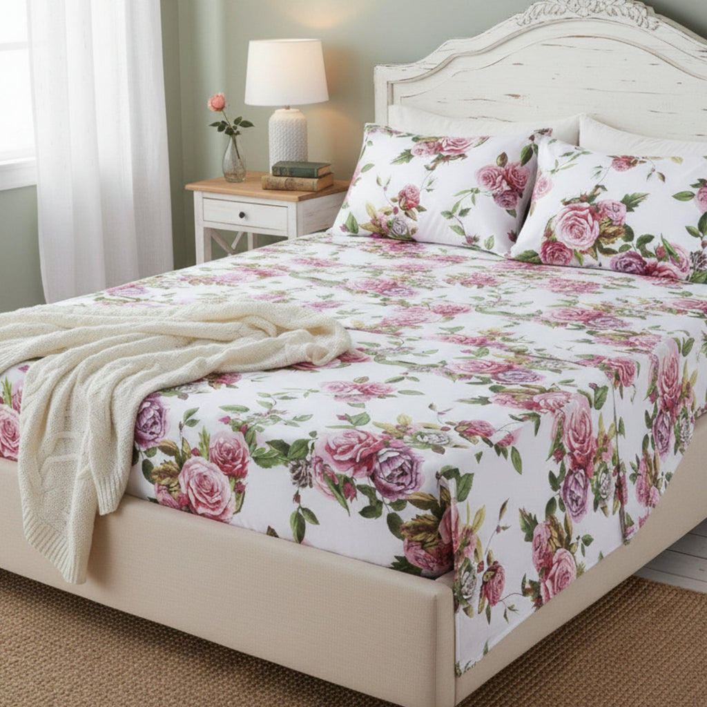 Bedding Romantic Roses Lovely Spring Pink Floral Garden Fitted & Flat Bed Sheet Set w/ Pillow Cases (JHW879)