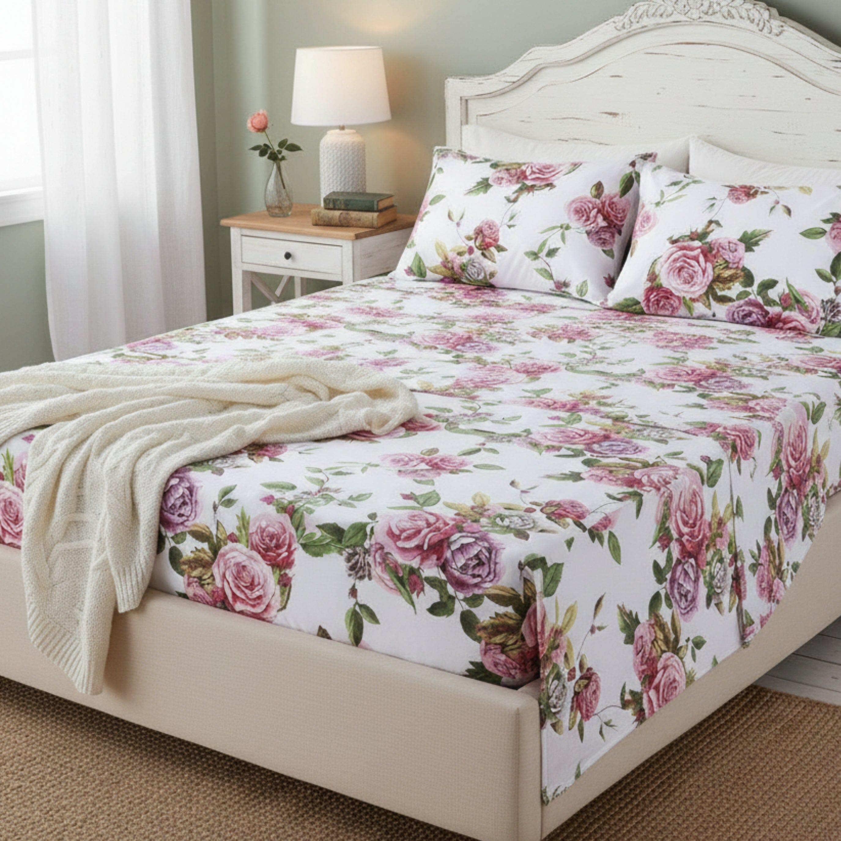 Bedding Romantic Roses Lovely Spring Pink Floral Garden Fitted & Flat Bed Sheet Set w/ Pillow Cases (JHW879)