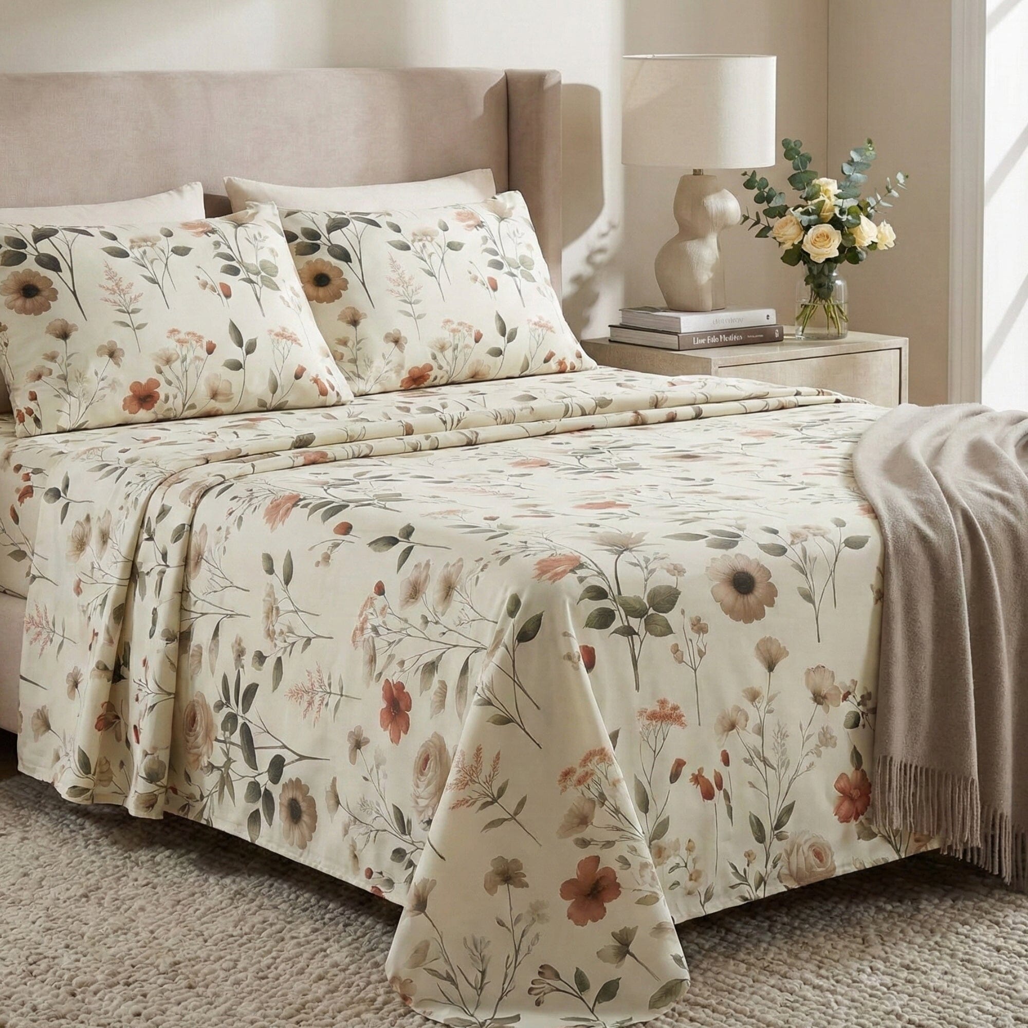 Enchanted Meadow Bed Sheet Set - Floral Harmony in Beige, Rose, and Soft Green,  Machine Washable, Deep Pocket 14 - 15 Inches + Flat Sheet