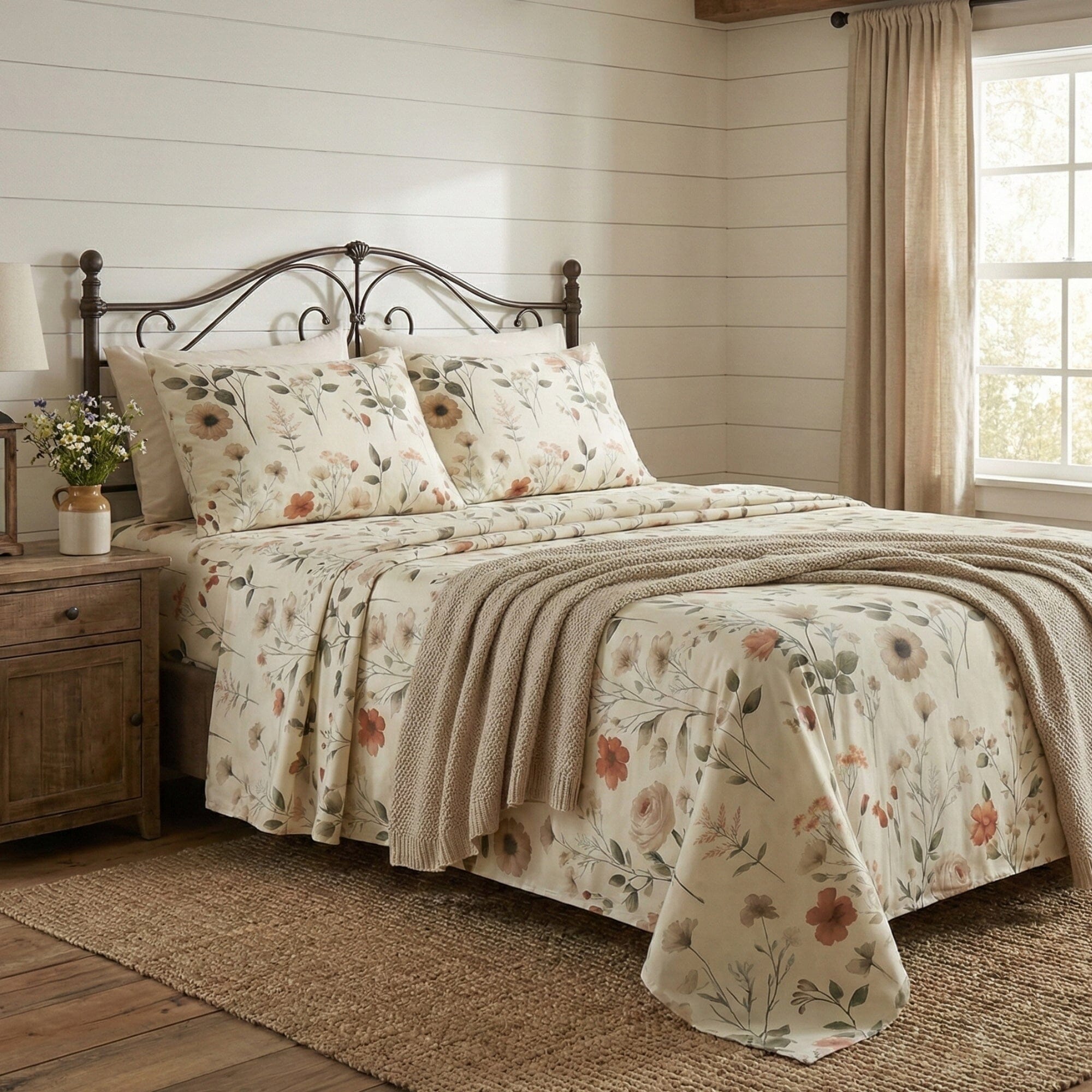 Enchanted Meadow Bed Sheet Set - Floral Harmony in Beige, Rose, and Soft Green,  Machine Washable, Deep Pocket 14 - 15 Inches + Flat Sheet