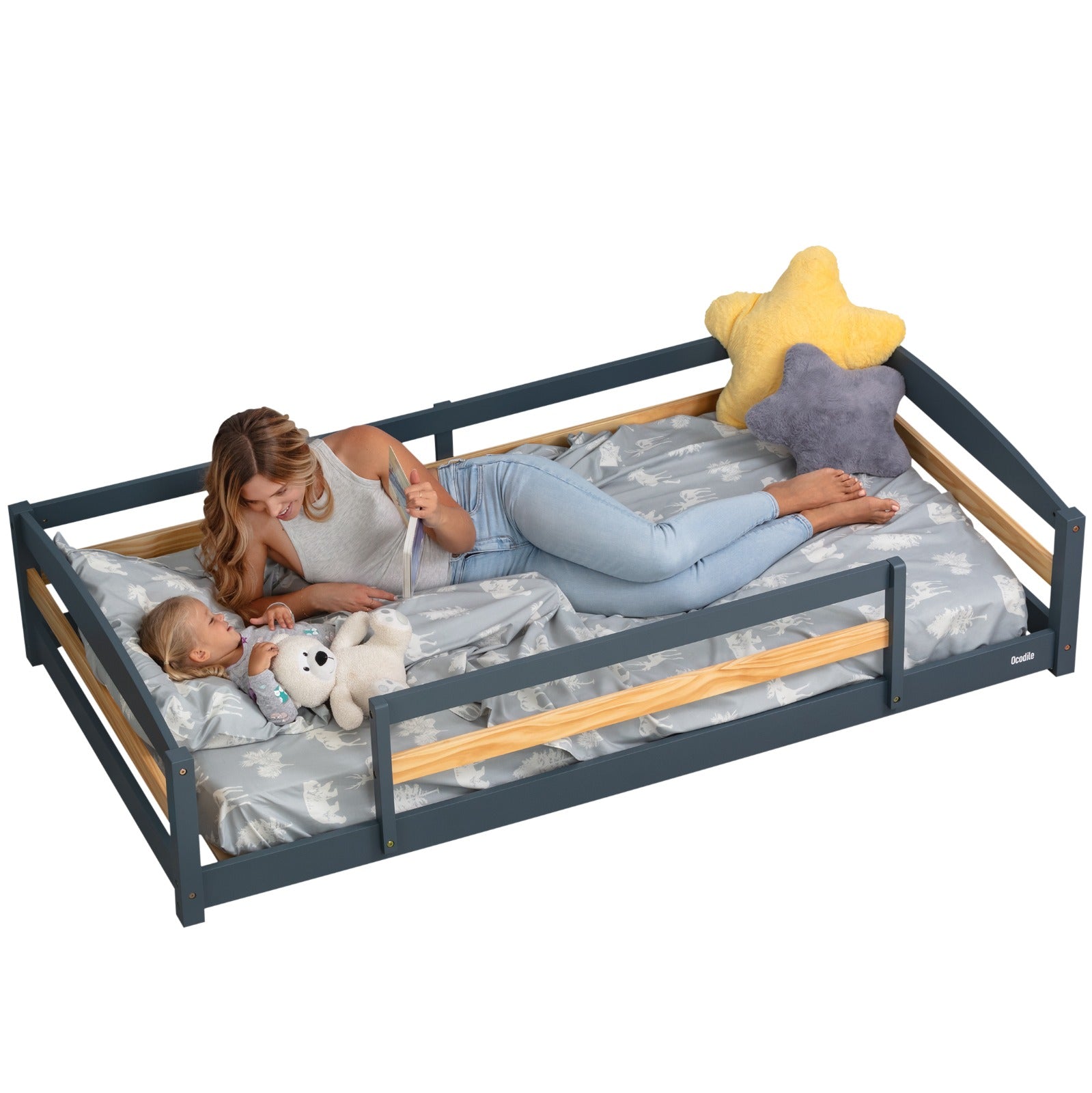 Twin Floor Bed with Safety Guardrails for Kids - Montessori Inspired