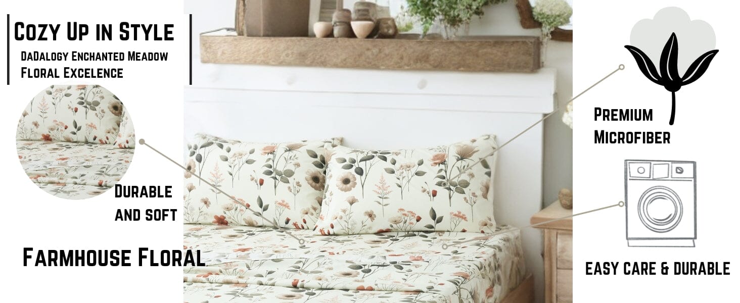 Enchanted Meadow Bed Sheet Set - Floral Harmony in Beige, Rose, and Soft Green,  Machine Washable, Deep Pocket 14 - 15 Inches + Flat Sheet