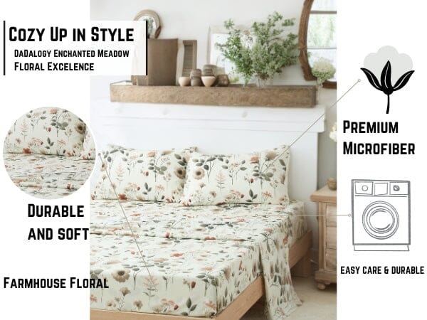 Enchanted Meadow Bed Sheet Set - Floral Harmony in Beige, Rose, and Soft Green,  Machine Washable, Deep Pocket 14 - 15 Inches + Flat Sheet