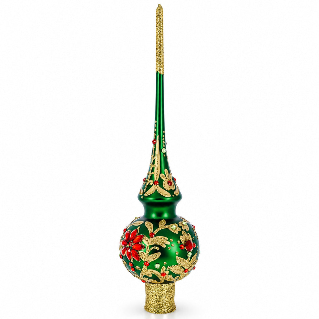 Regal Emerald & Red Glass Christmas Tree Topper 11 Inches