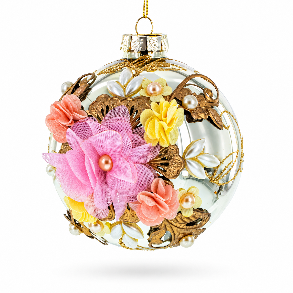 Fabric Flowers on Glass Ball Artistic Glass Christmas Ornaments Ornament
