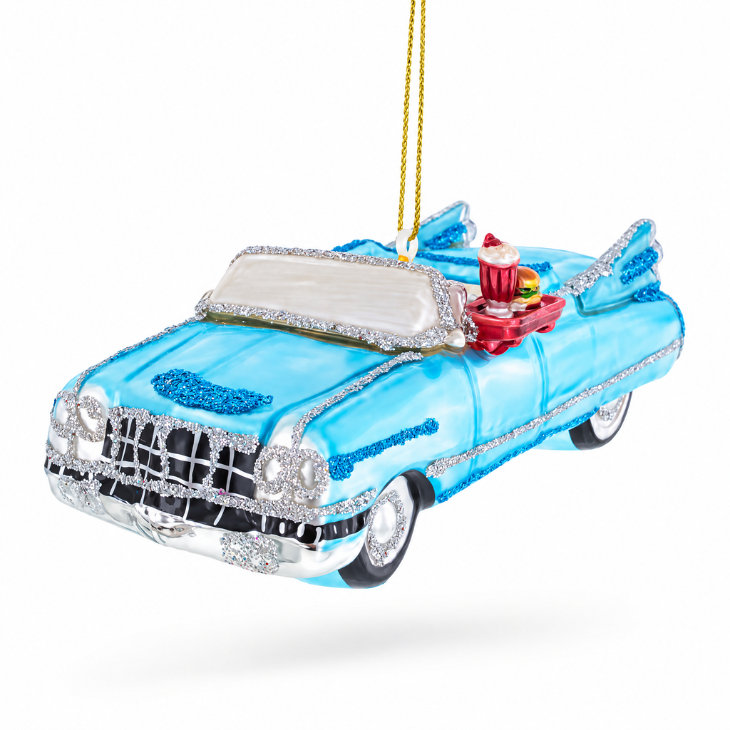 Classic Convertible Blue Retro Car Glass Christmas Ornament