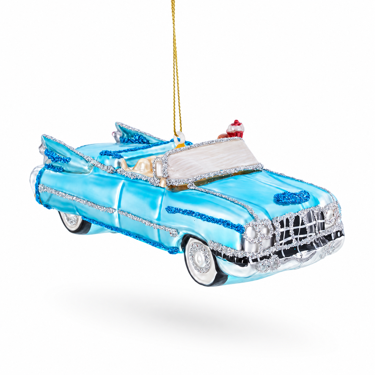 Classic Convertible Blue Retro Car Glass Christmas Ornament