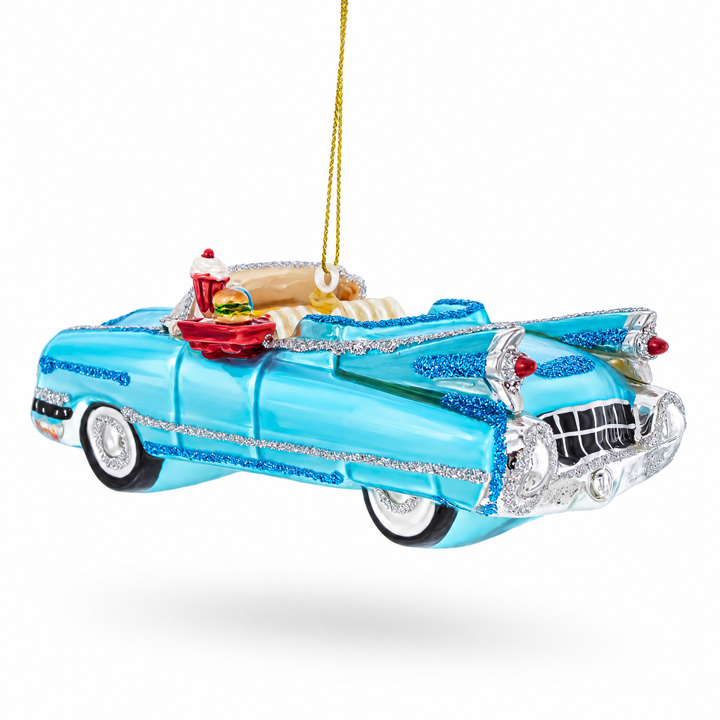 Classic Convertible Blue Retro Car Glass Christmas Ornament