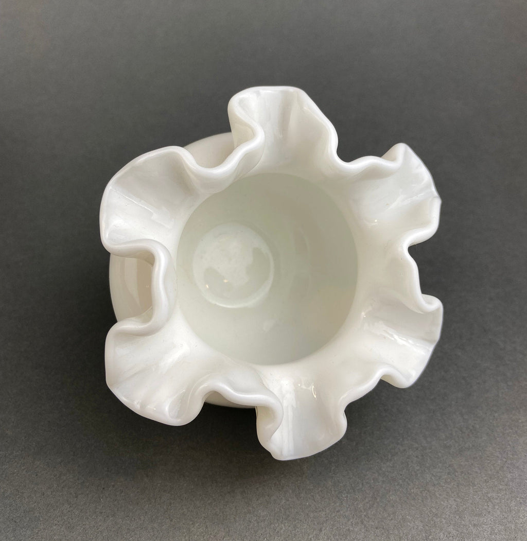 Small Milk Glass Vase With Ruffled Edge. Round Flower Vase. White Bedroom Decor. Collectible Milk Glass.