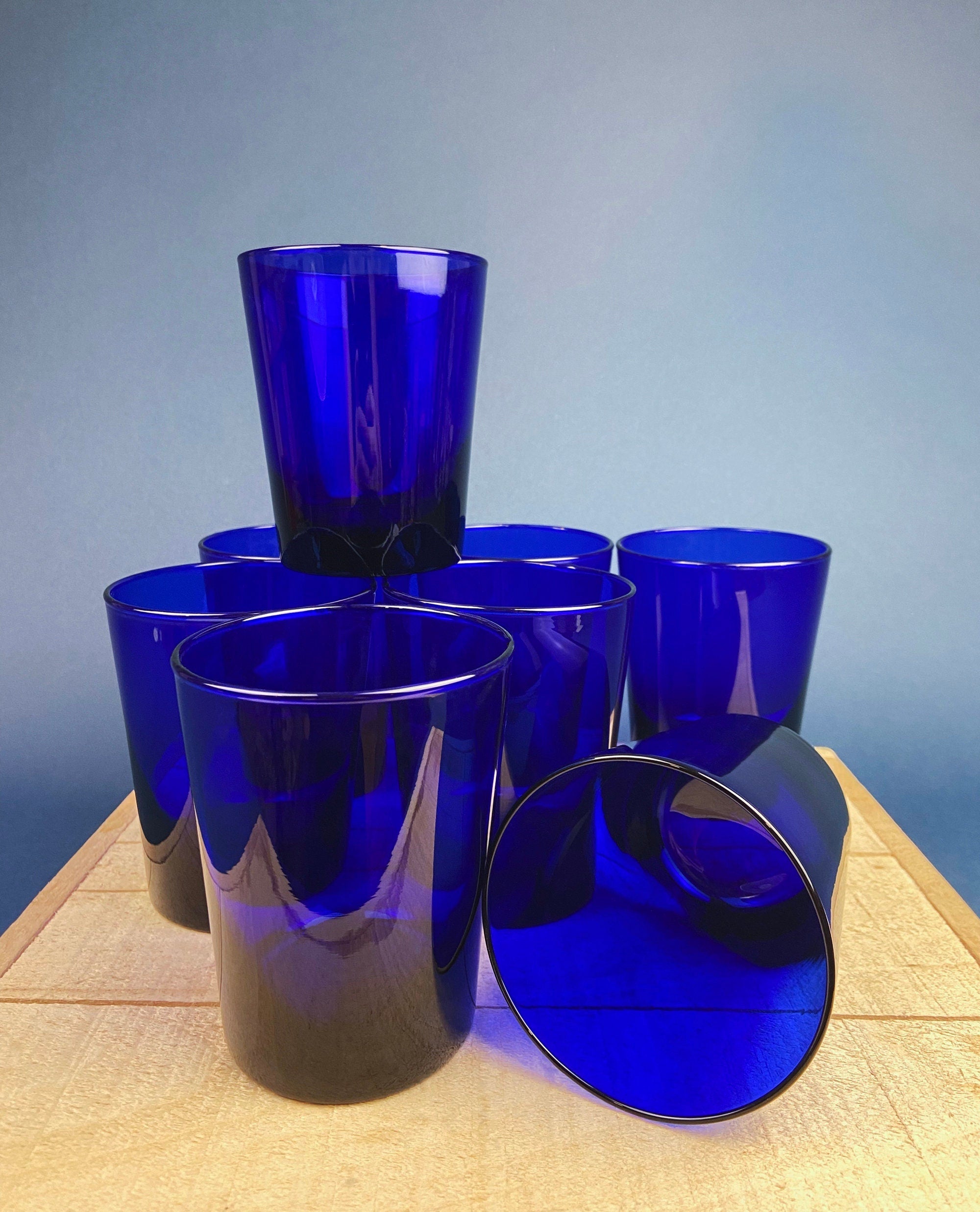 Topaz Stemmed Tumblers. Set of Six Footed Juice Glasses. Blue Kitchen Decor. Dining Room Decor. Collectible Glasses. Wedding Gift.