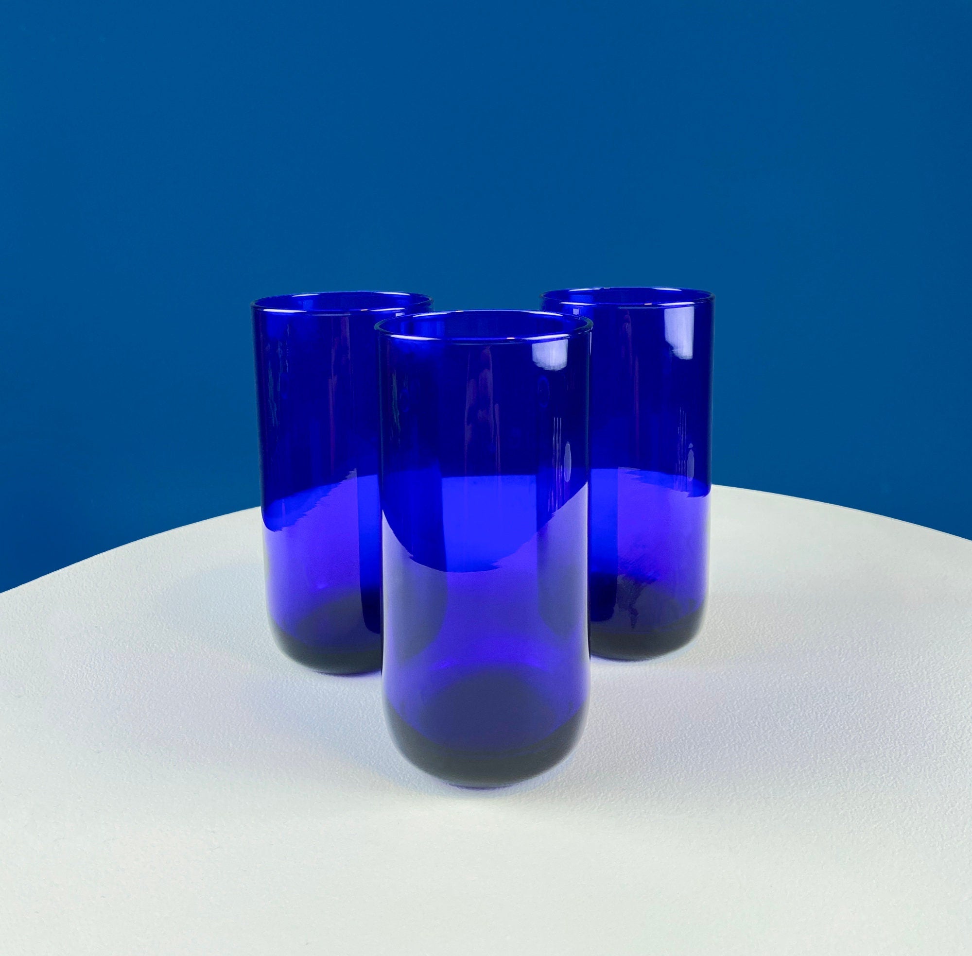 Topaz Stemmed Tumblers. Set of Six Footed Juice Glasses. Blue Kitchen Decor. Dining Room Decor. Collectible Glasses. Wedding Gift.