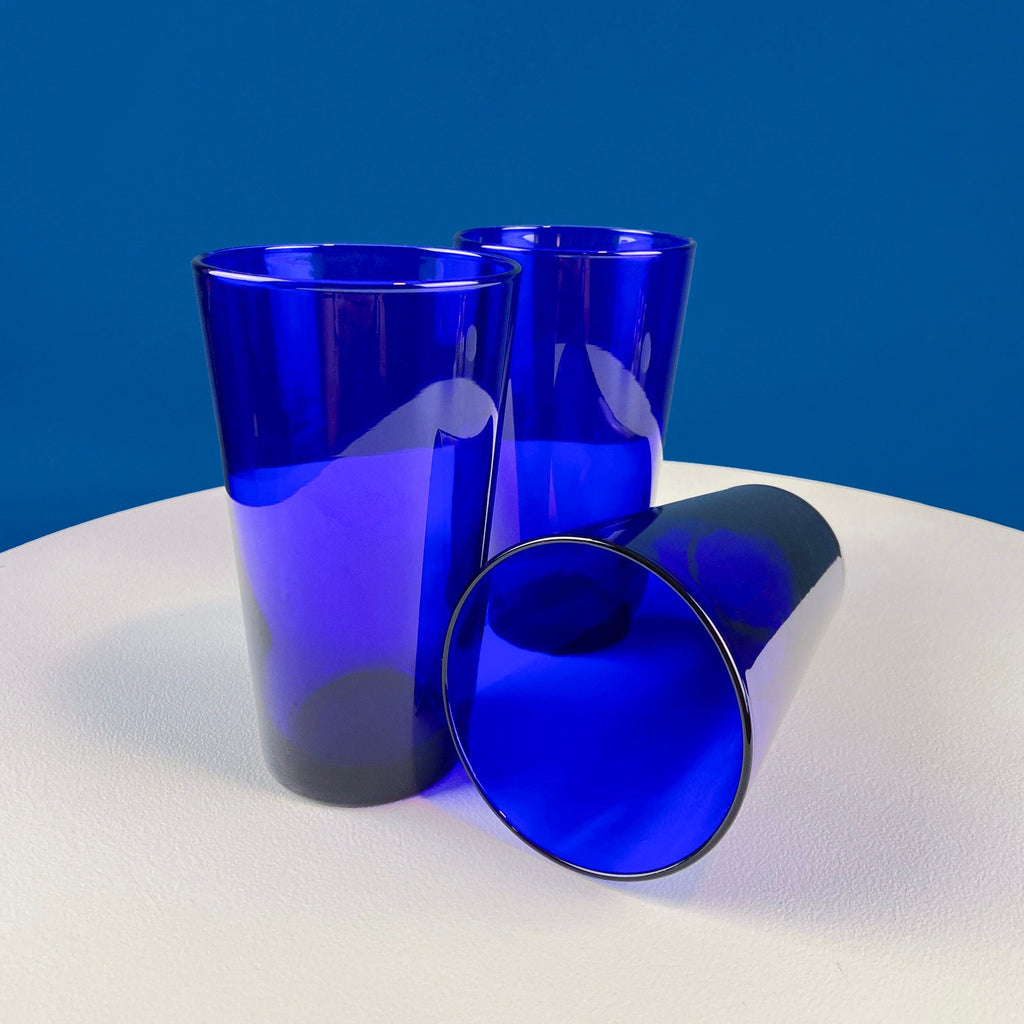 Topaz Stemmed Tumblers. Set of Six Footed Juice Glasses. Blue Kitchen Decor. Dining Room Decor. Collectible Glasses. Wedding Gift.