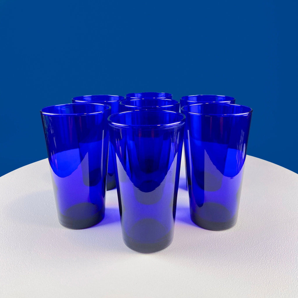 Topaz Stemmed Tumblers. Set of Six Footed Juice Glasses. Blue Kitchen Decor. Dining Room Decor. Collectible Glasses. Wedding Gift.