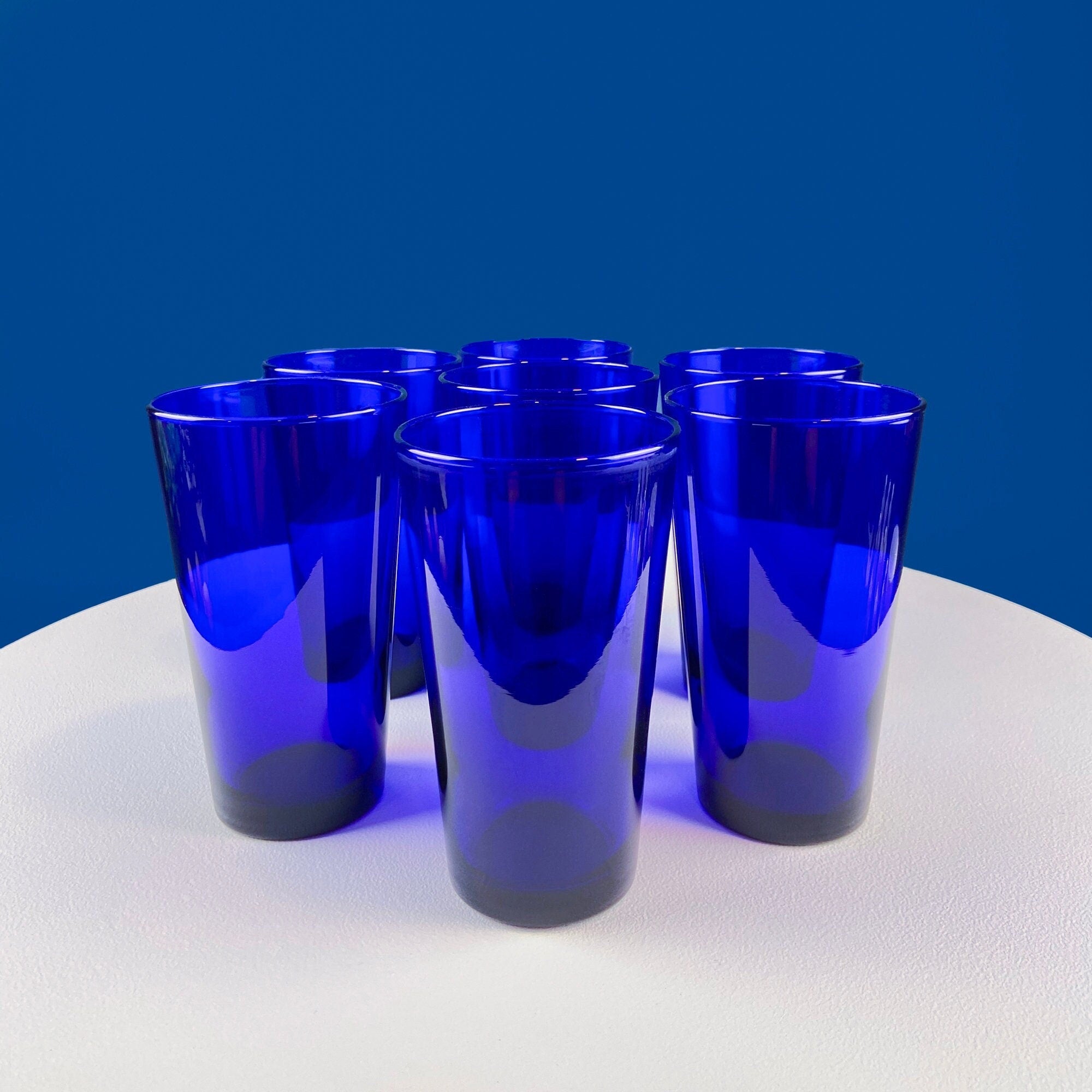 Topaz Stemmed Tumblers. Set of Six Footed Juice Glasses. Blue Kitchen Decor. Dining Room Decor. Collectible Glasses. Wedding Gift.