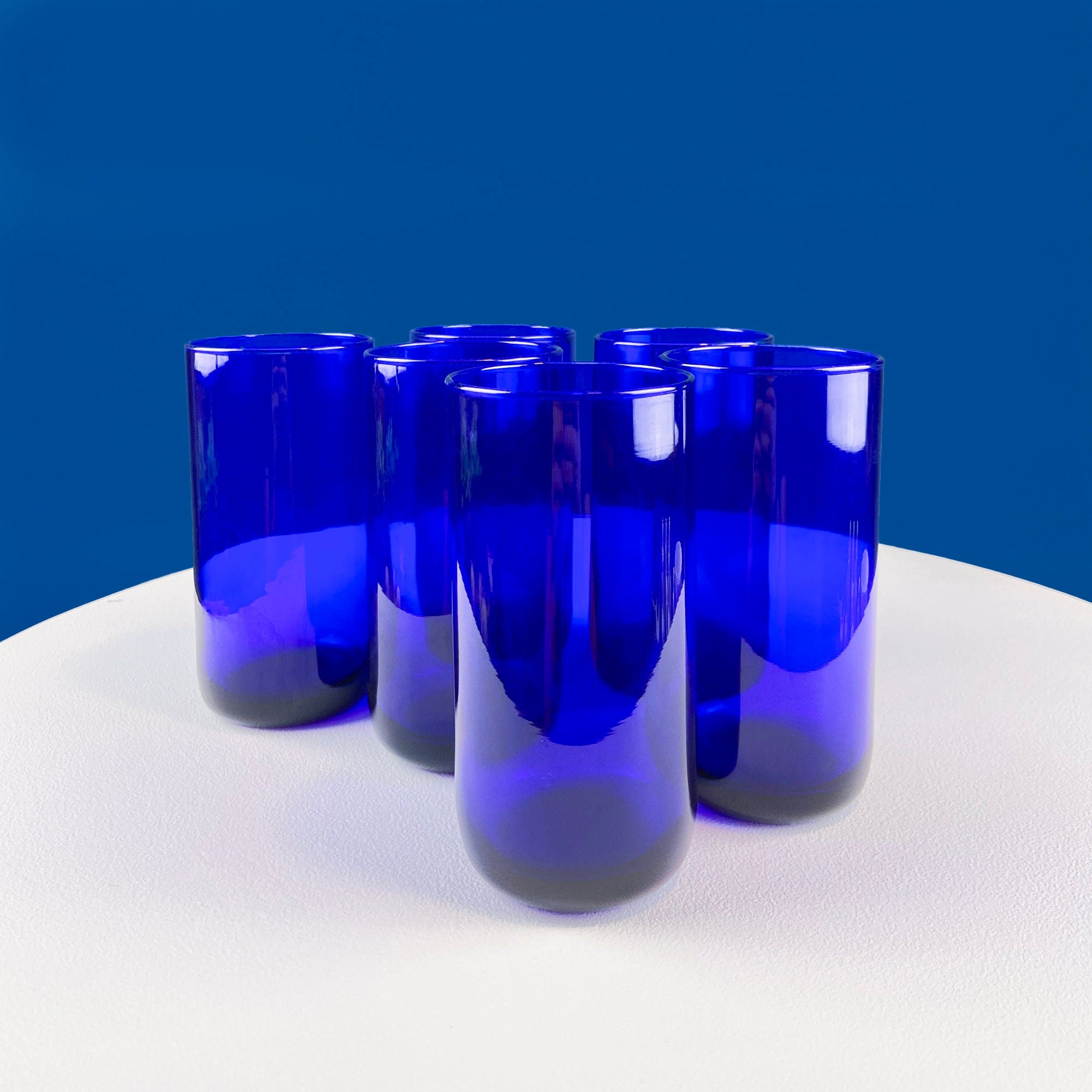 Topaz Stemmed Tumblers. Set of Six Footed Juice Glasses. Blue Kitchen Decor. Dining Room Decor. Collectible Glasses. Wedding Gift.
