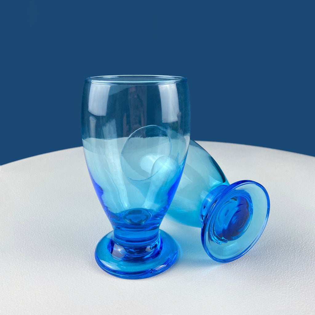 Topaz Stemmed Tumblers. Set of Six Footed Juice Glasses. Blue Kitchen Decor. Dining Room Decor. Collectible Glasses. Wedding Gift.