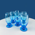 Topaz Stemmed Tumblers. Set of Six Footed Juice Glasses. Blue Kitchen Decor. Dining Room Decor. Collectible Glasses. Wedding Gift.