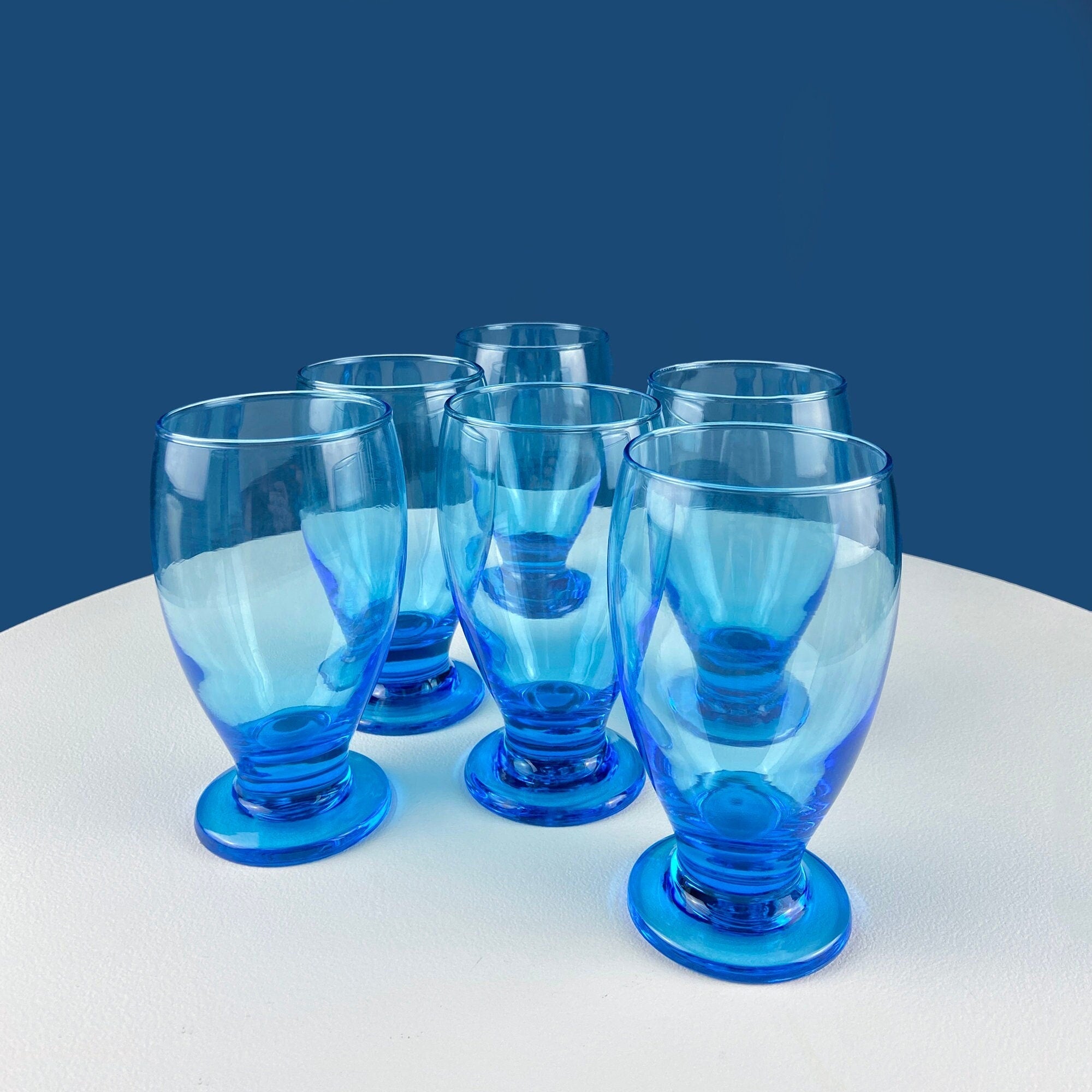 Topaz Stemmed Tumblers. Set of Six Footed Juice Glasses. Blue Kitchen Decor. Dining Room Decor. Collectible Glasses. Wedding Gift.